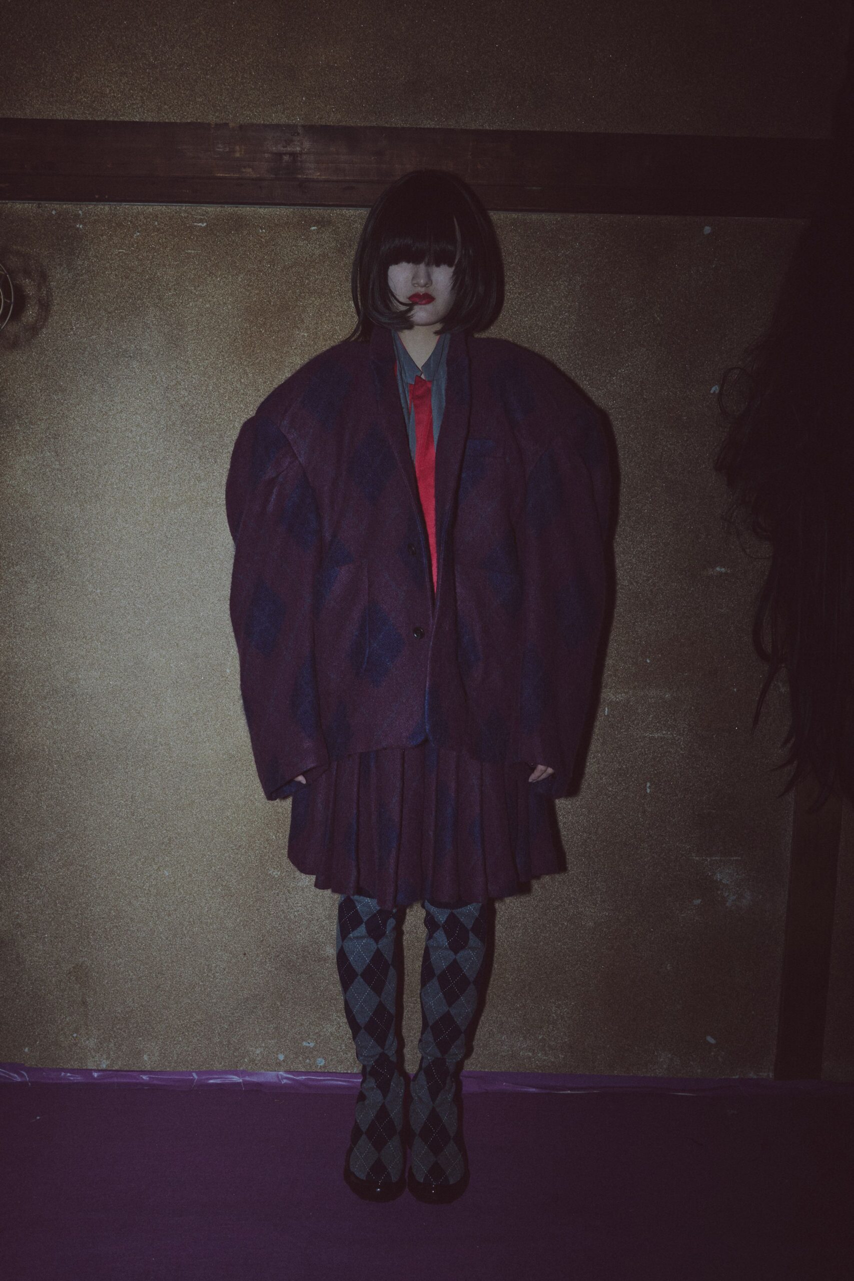 purple wool long-sleeve collared oversized checked blazer