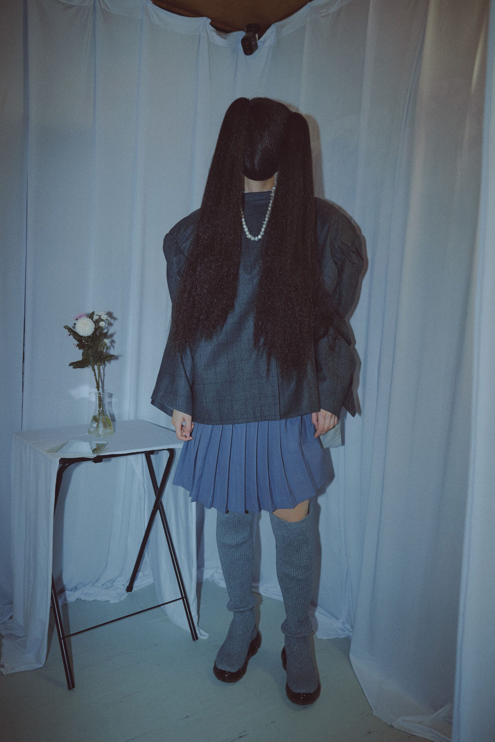 blue cotton long-sleeve collared oversized pleated blouse