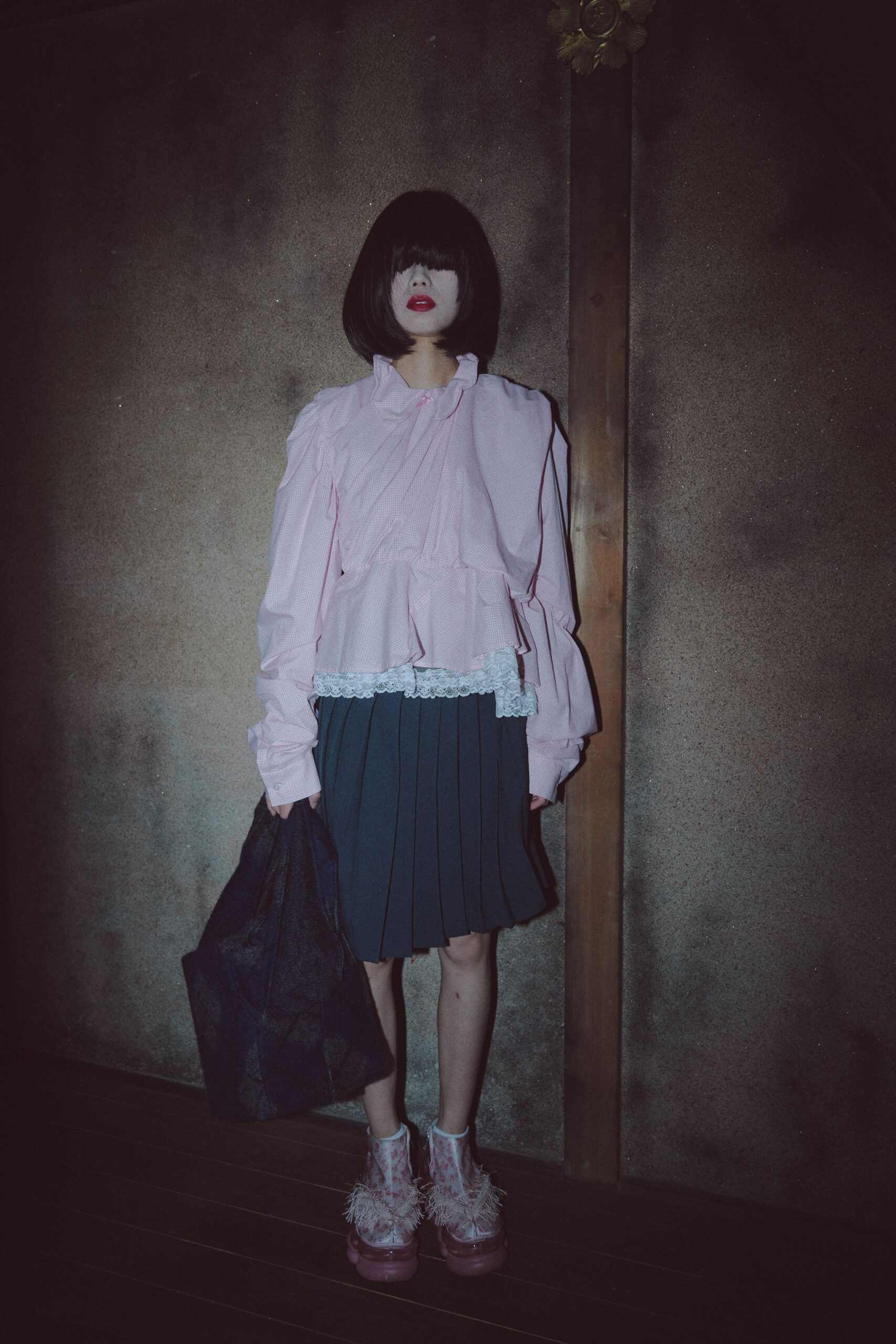 pink cotton long-sleeve collared relaxed pleated ruffled blouse