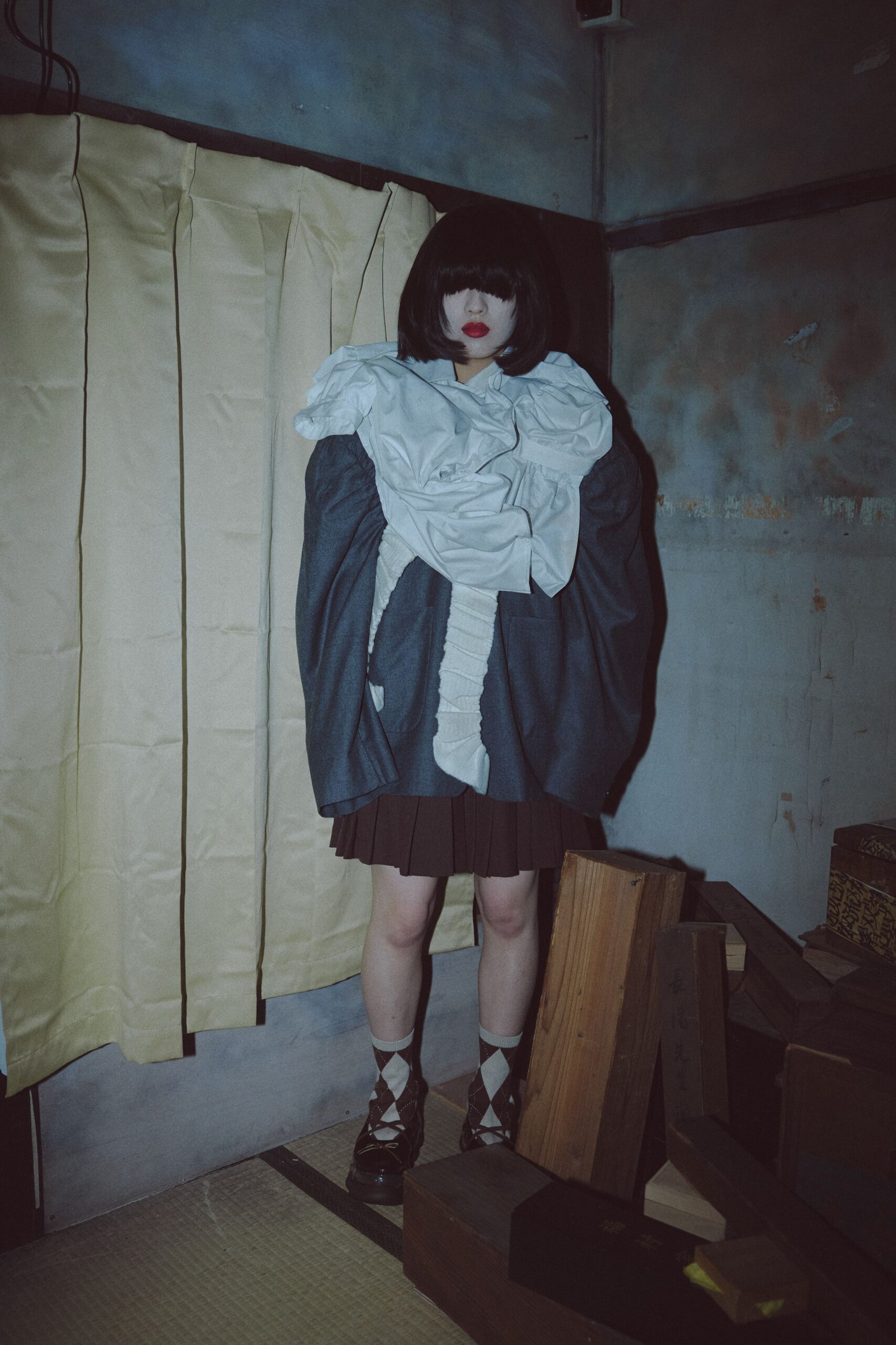 blue cotton long-sleeve oversized layered jacket
