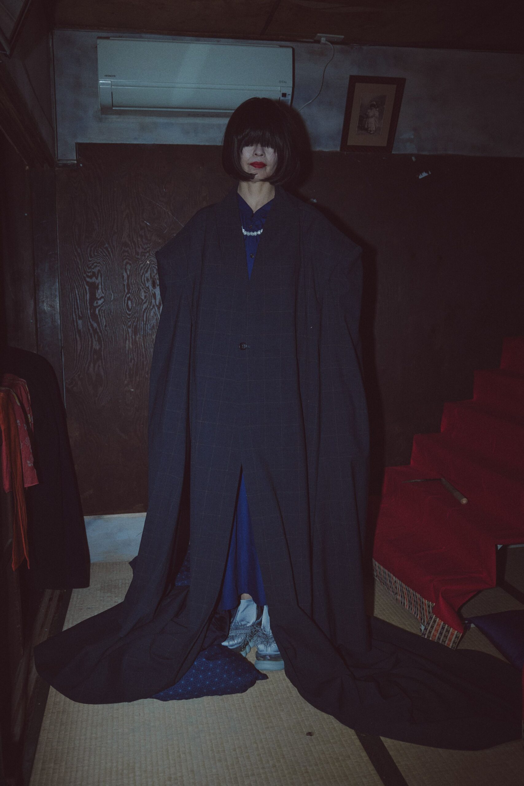black wool long-sleeve collared relaxed checked maxi coat