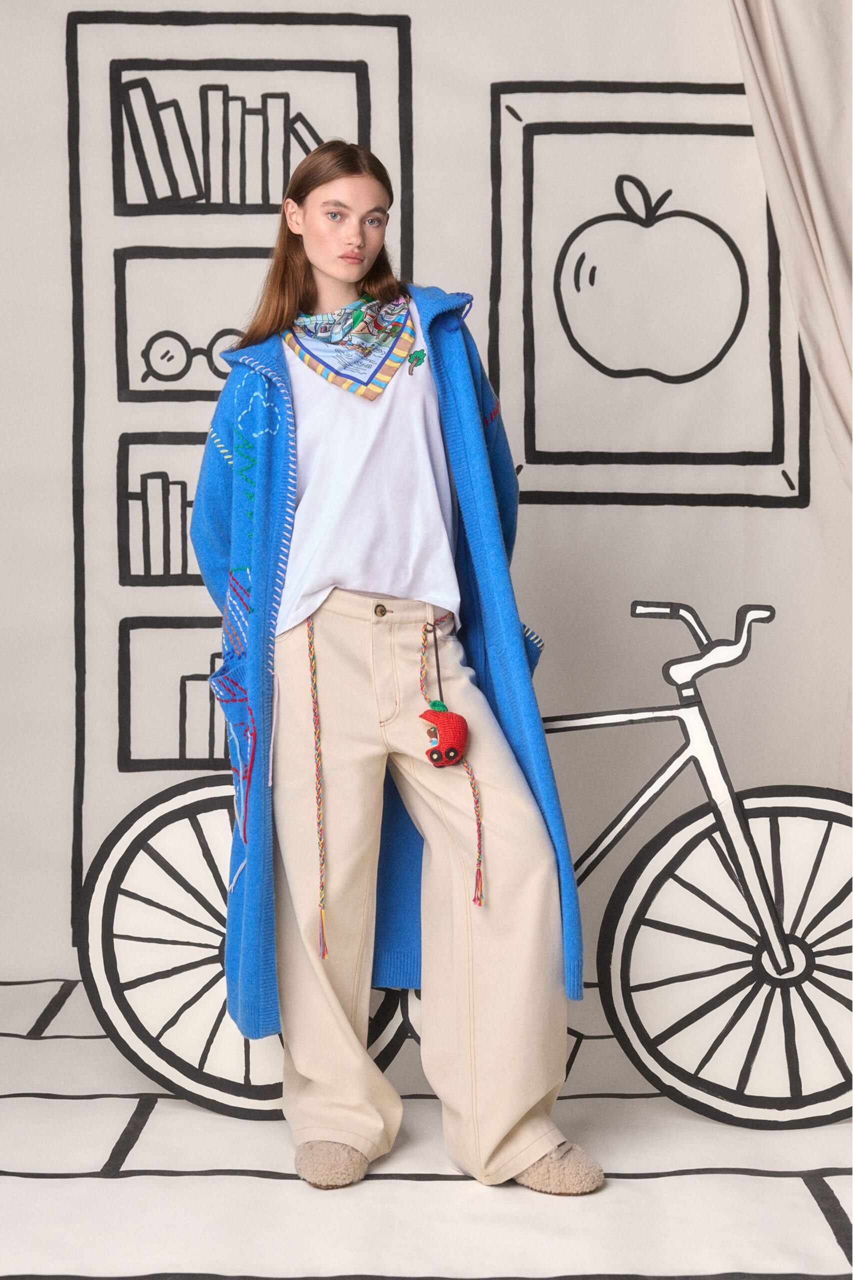 blue coat with white t-shirt