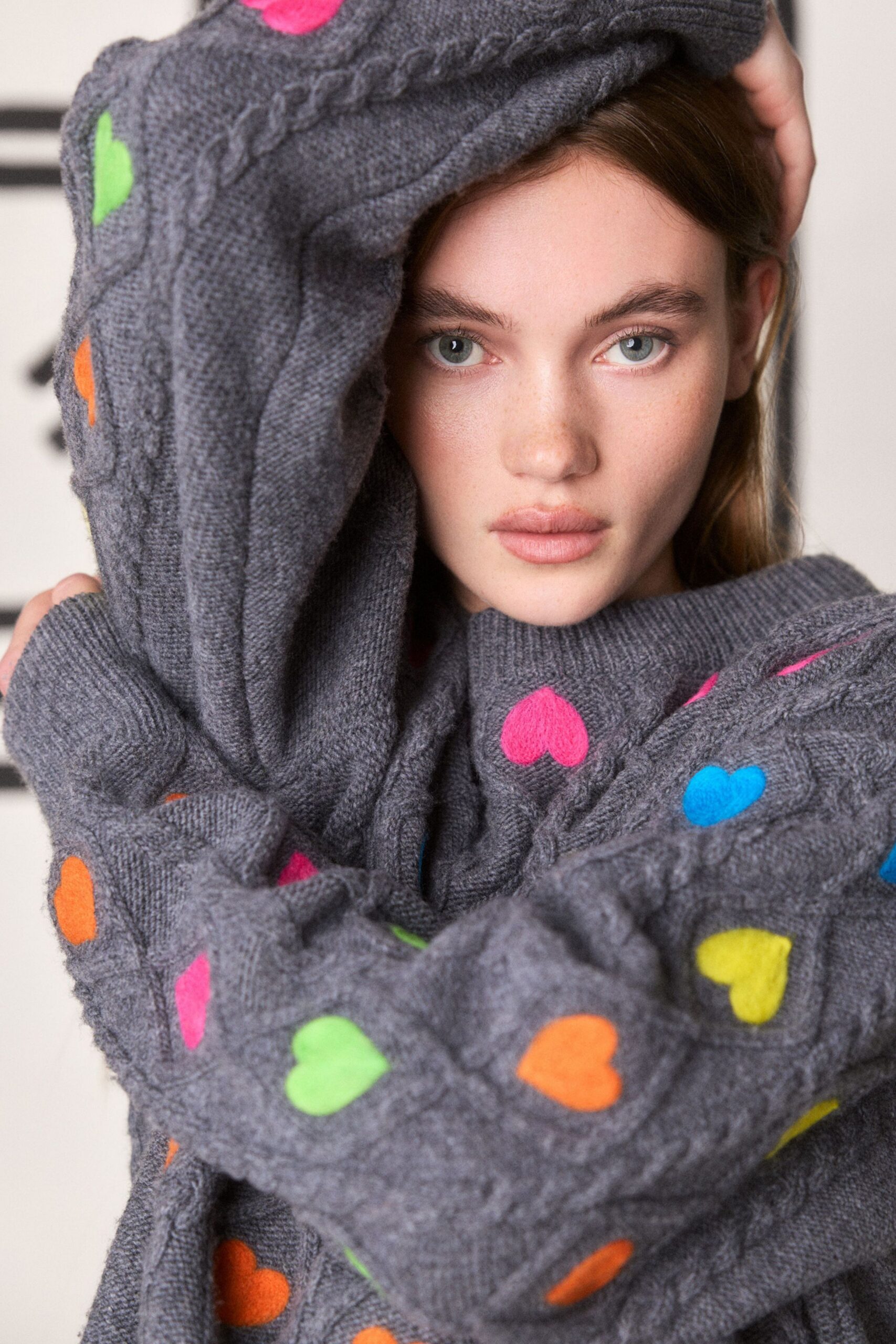 gray wool relaxed sweater with hearts