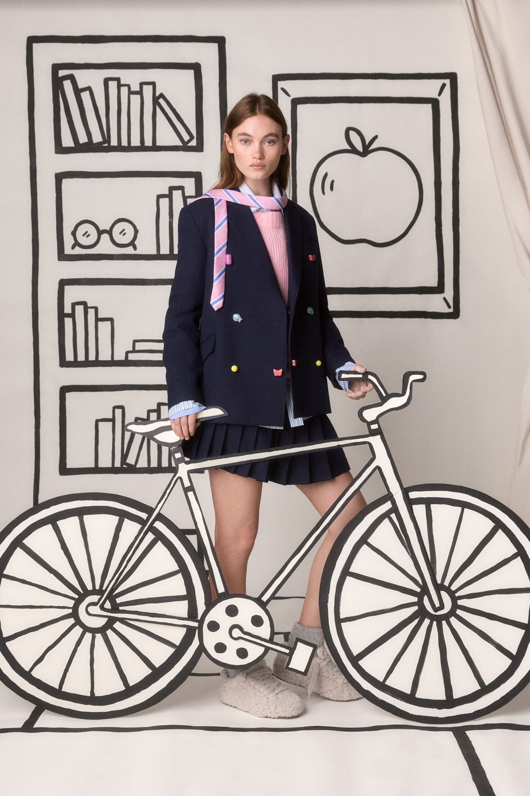 navy blazer pink sweater pleated skirt