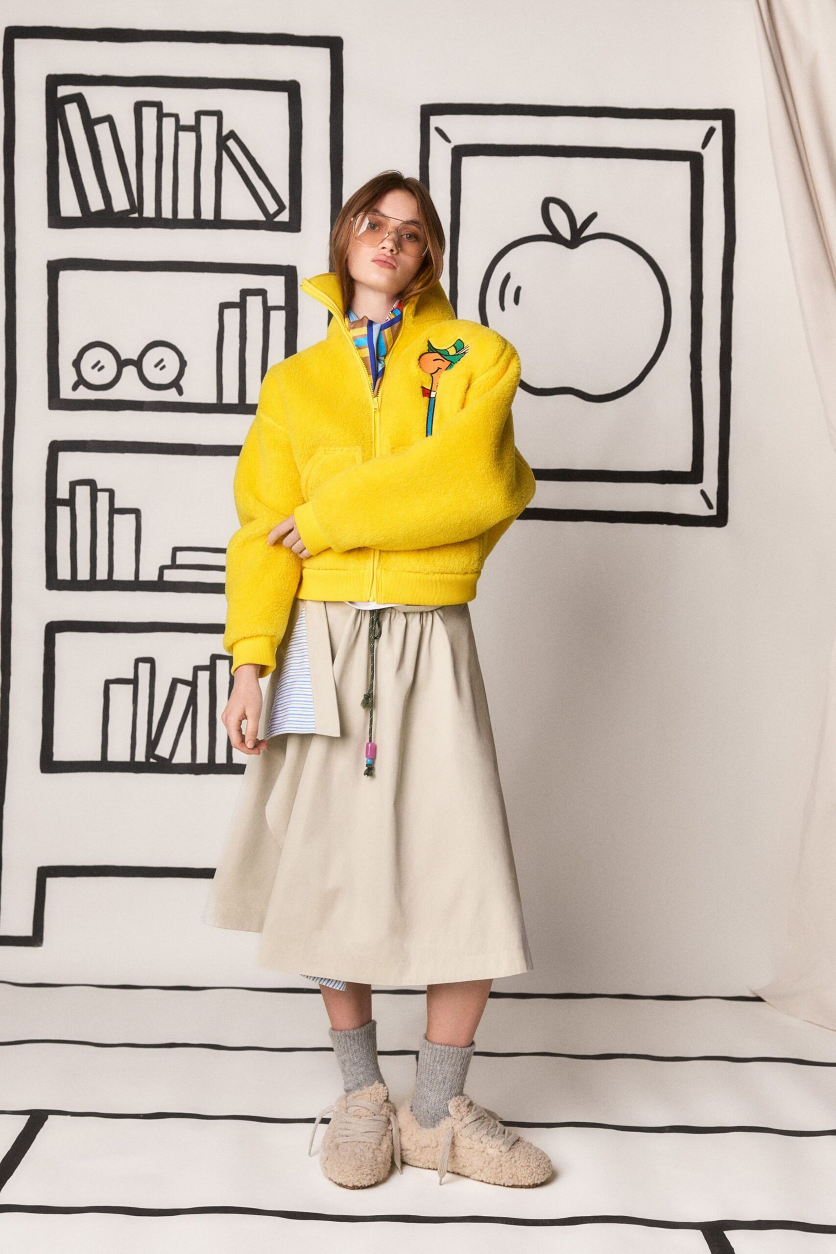 yellow faux-fur long-sleeve collared relaxed zippered jacket