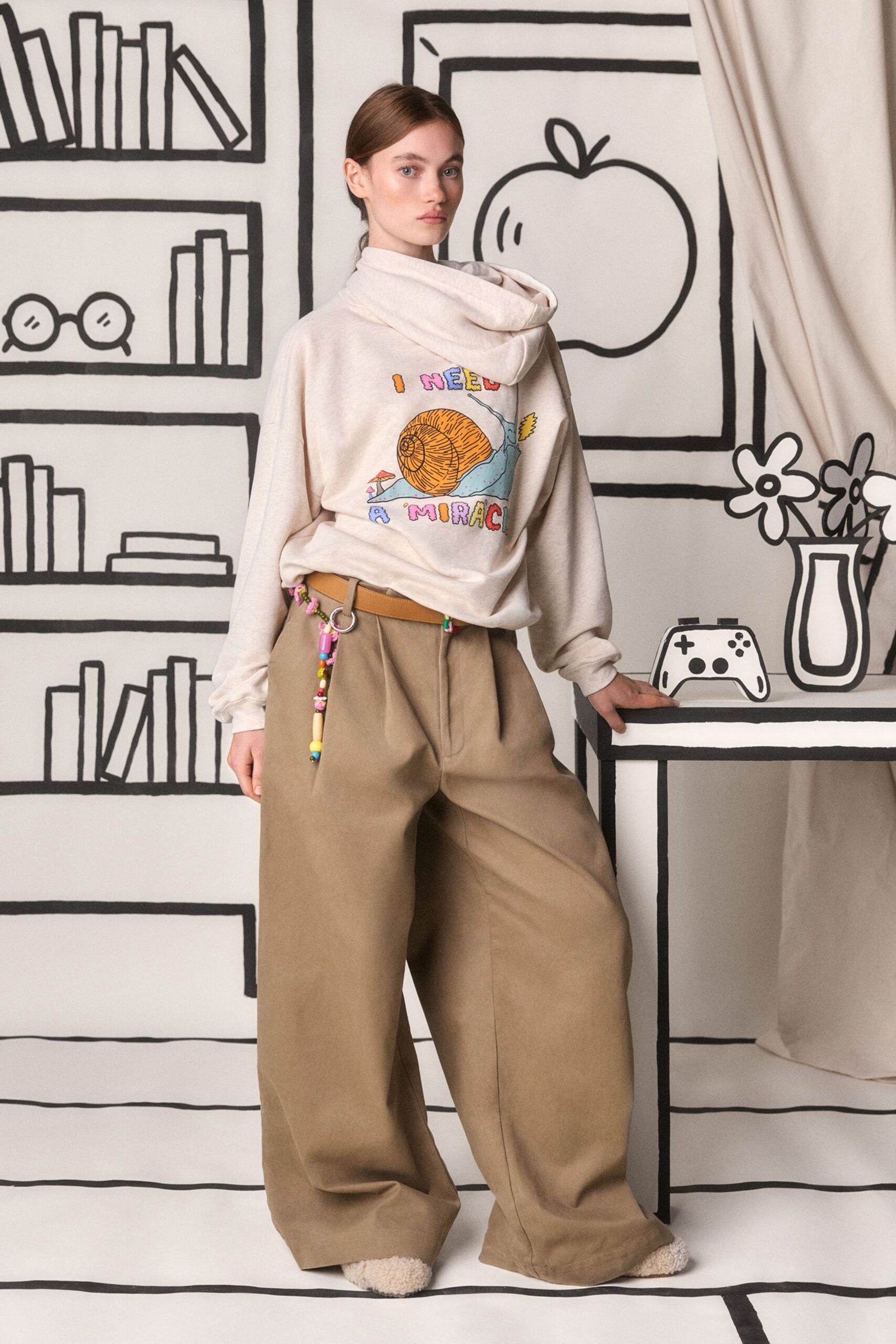 beige cotton long-sleeve v-neck relaxed embroidered top