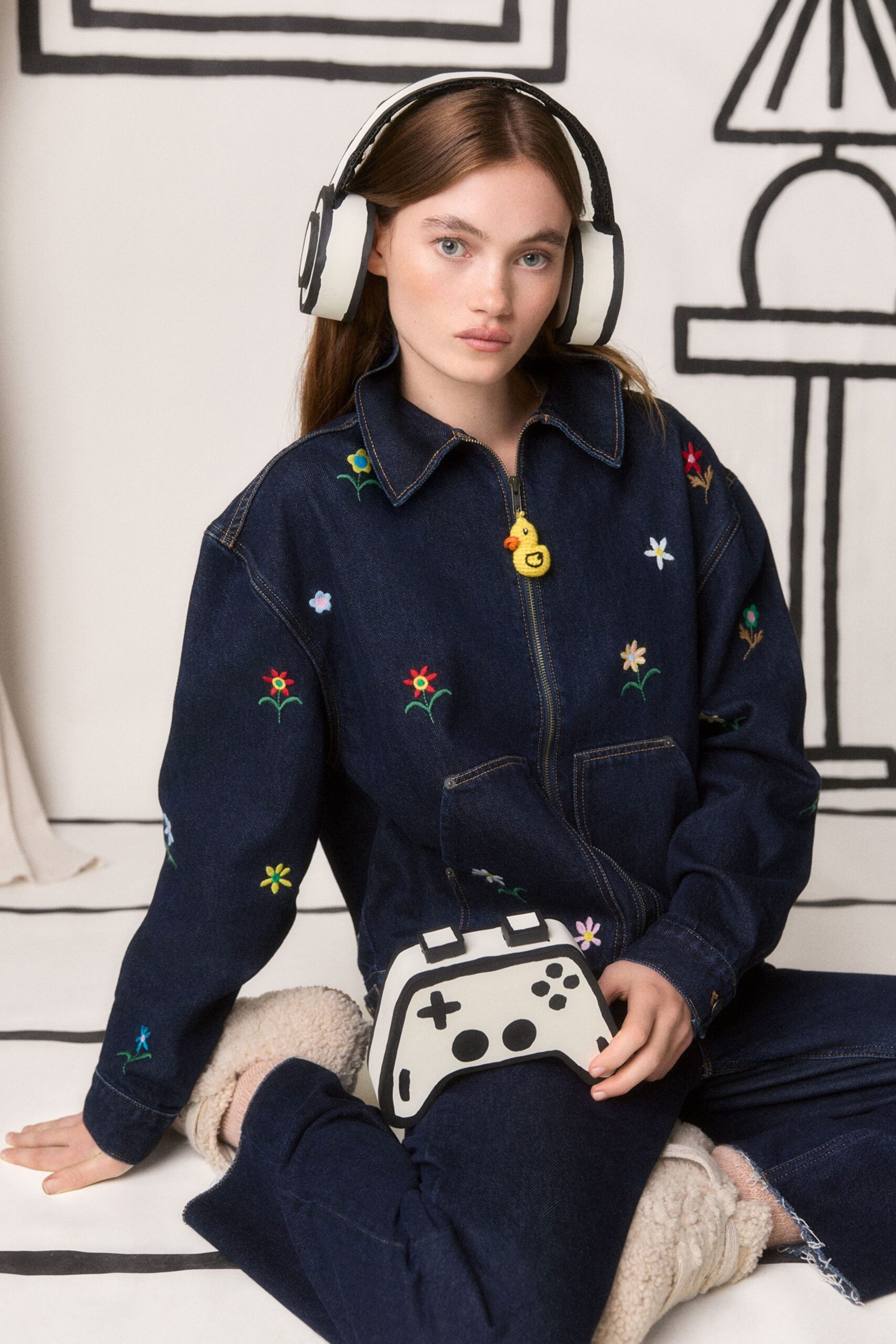 blue denim long-sleeve collared relaxed embroidered jacket