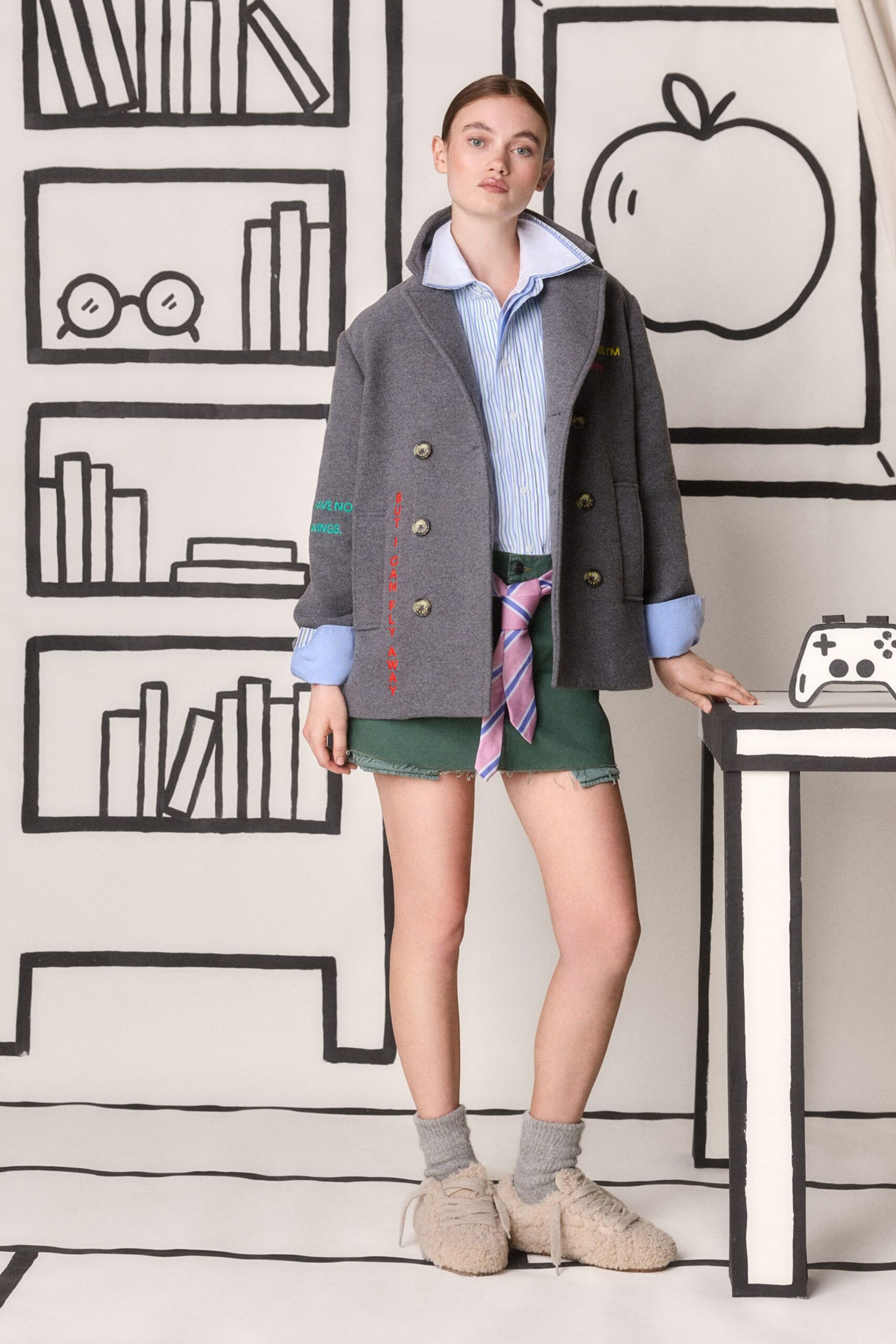 gray wool jacket with striped shirt