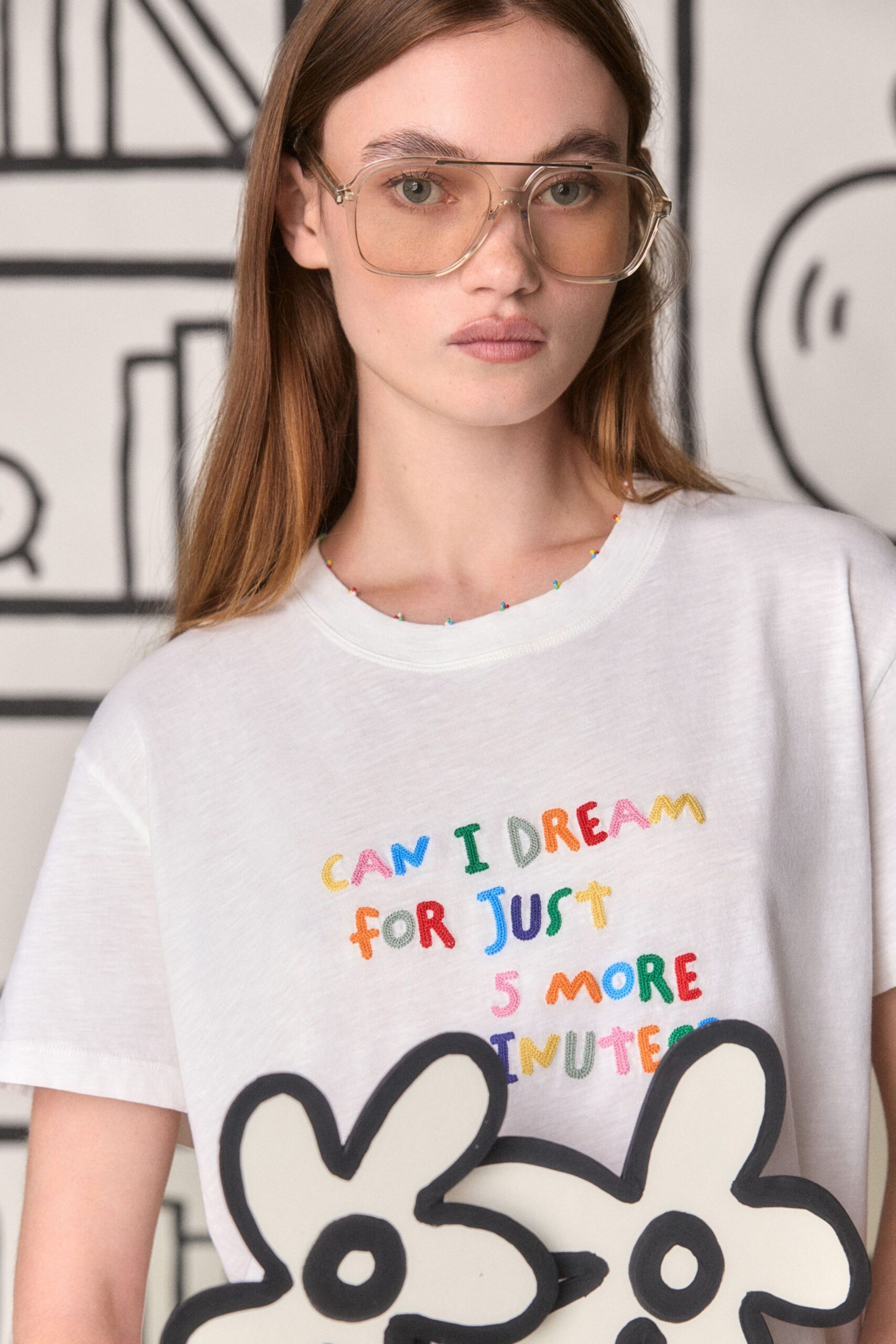 white printed t-shirt with sunglasses