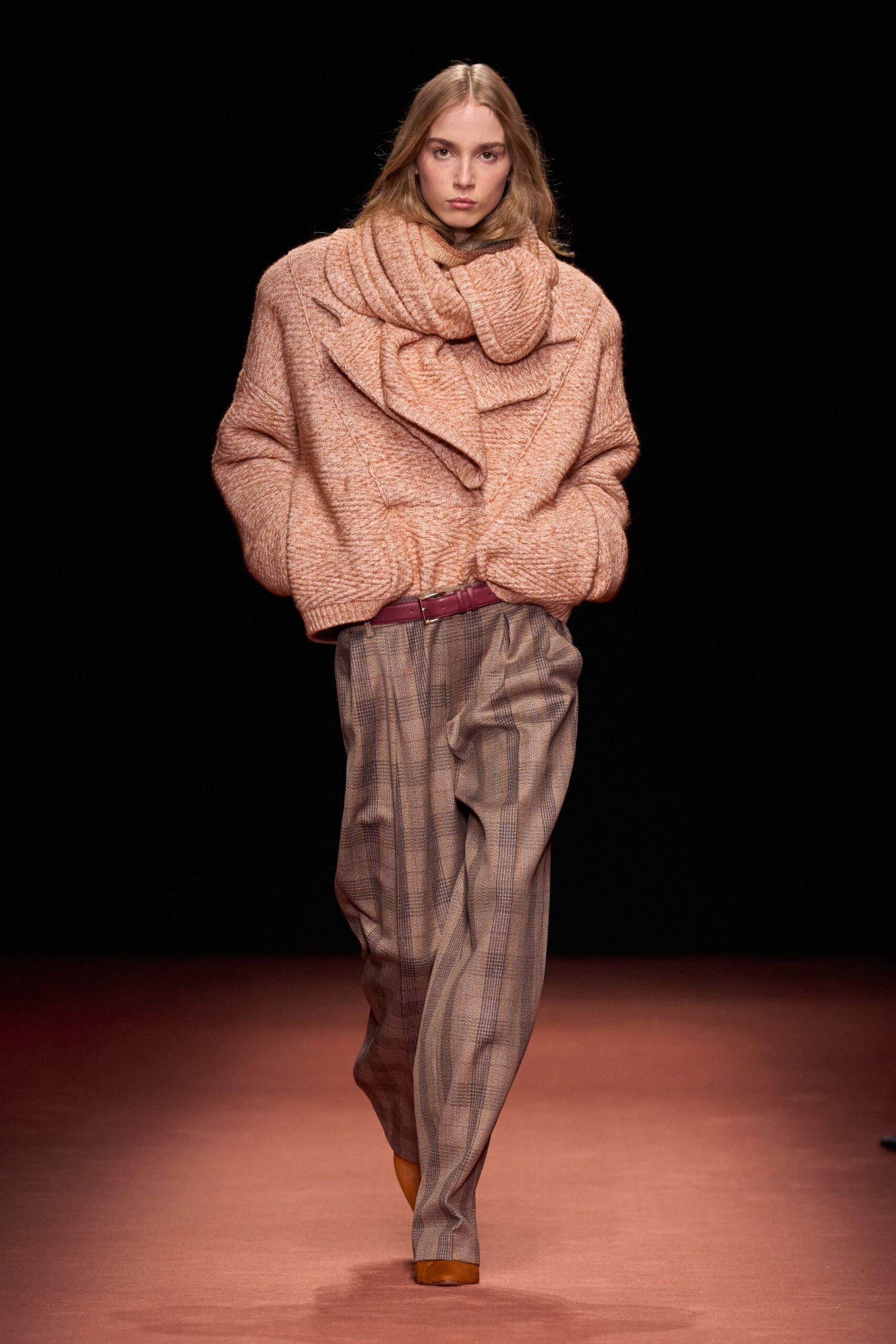 pink wool long-sleeve collared oversized textured jacket