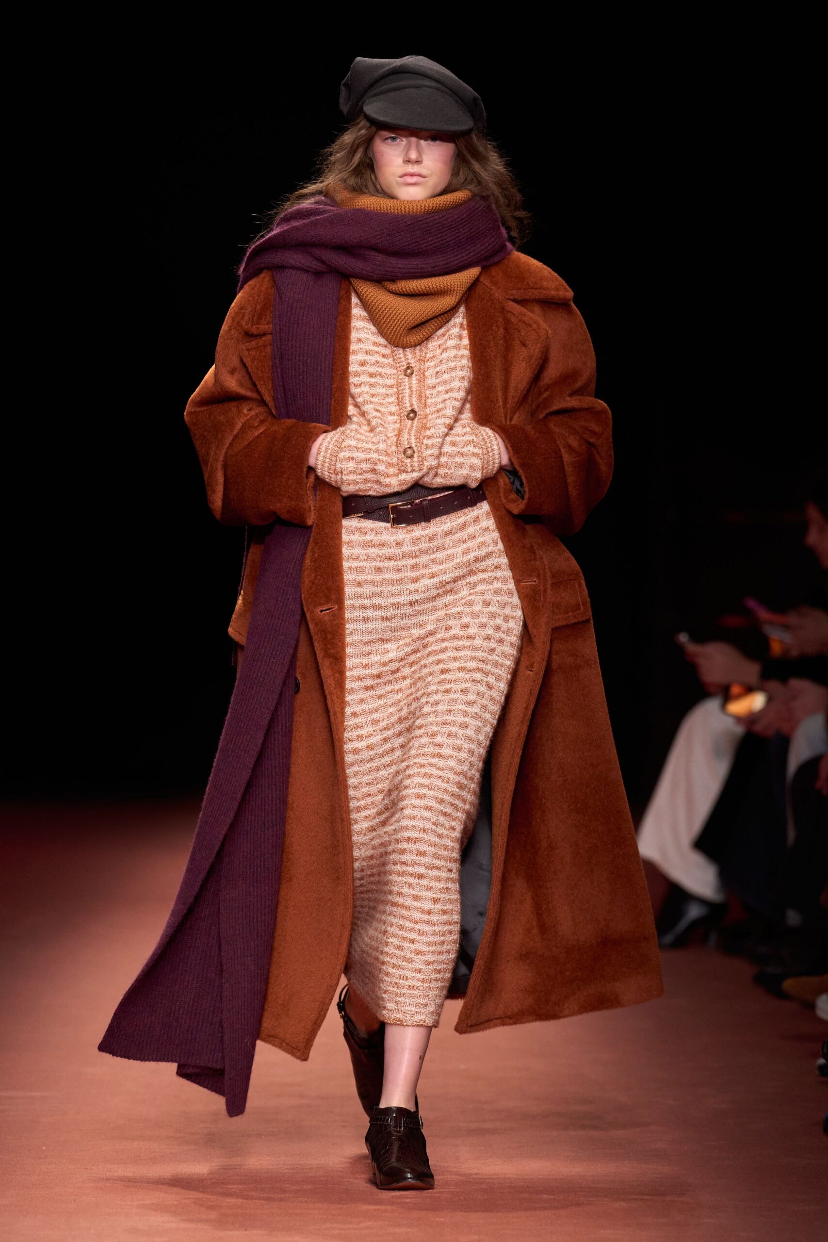 brown wool long-sleeve relaxed belted maxi coat