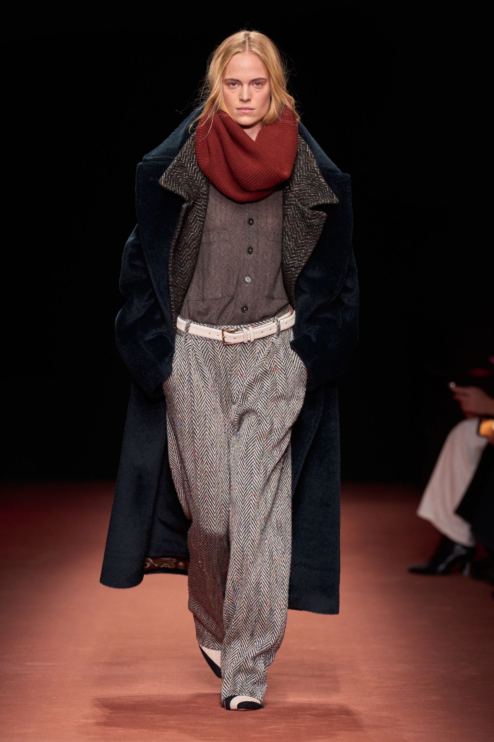 navy wool coat with gray shirt