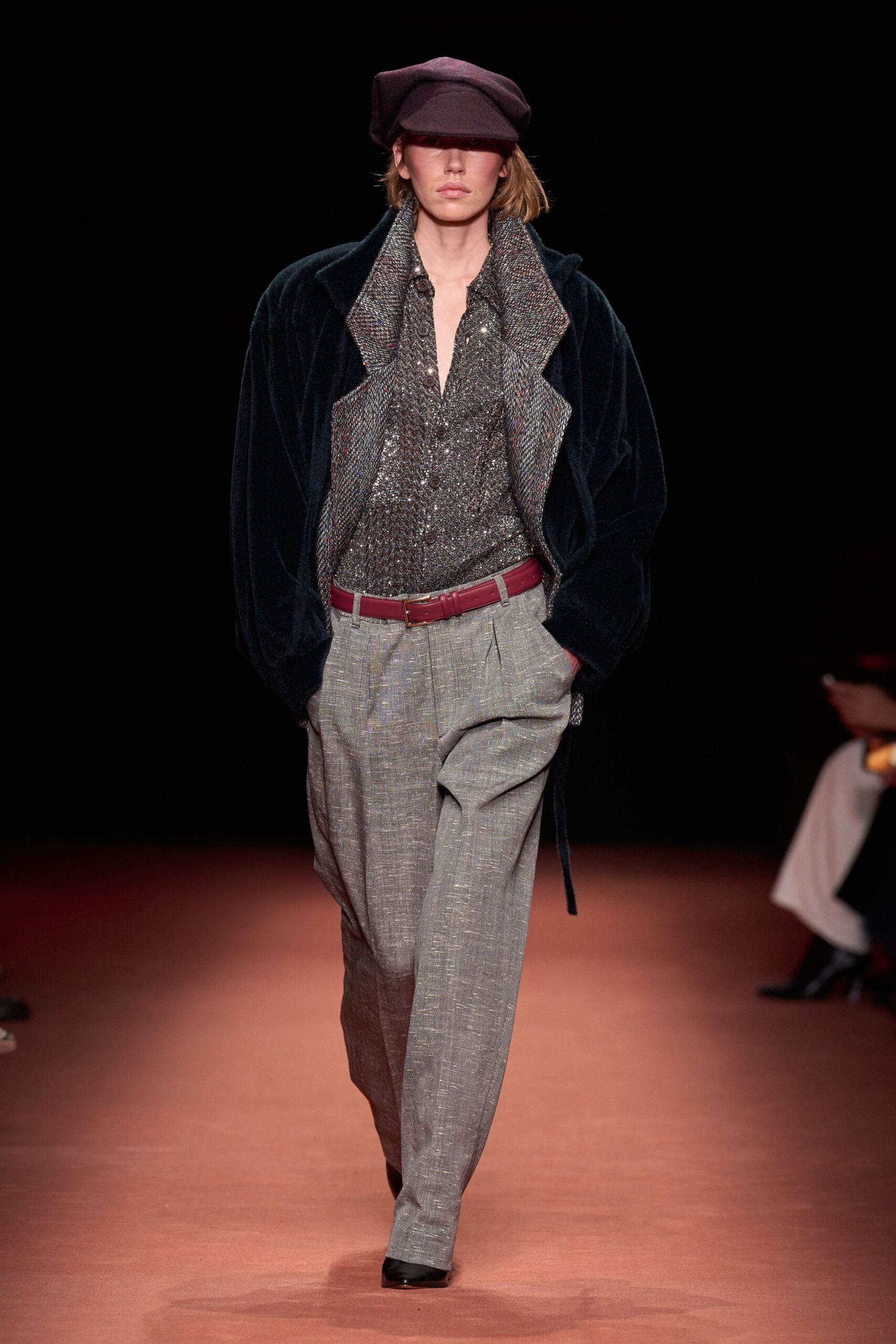 navy velvet jacket gray shirt tailored pants