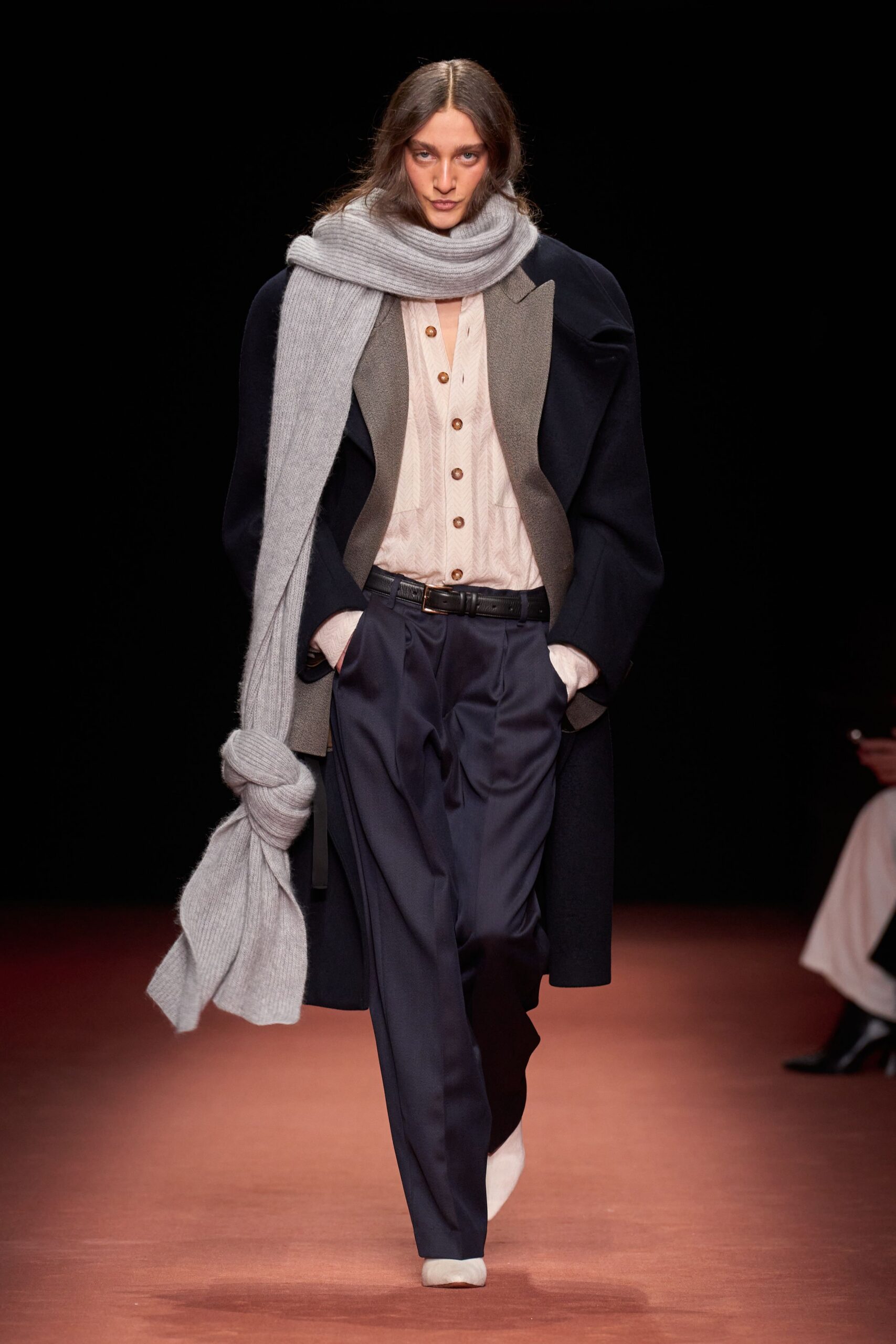 black wool coat with gray scarf