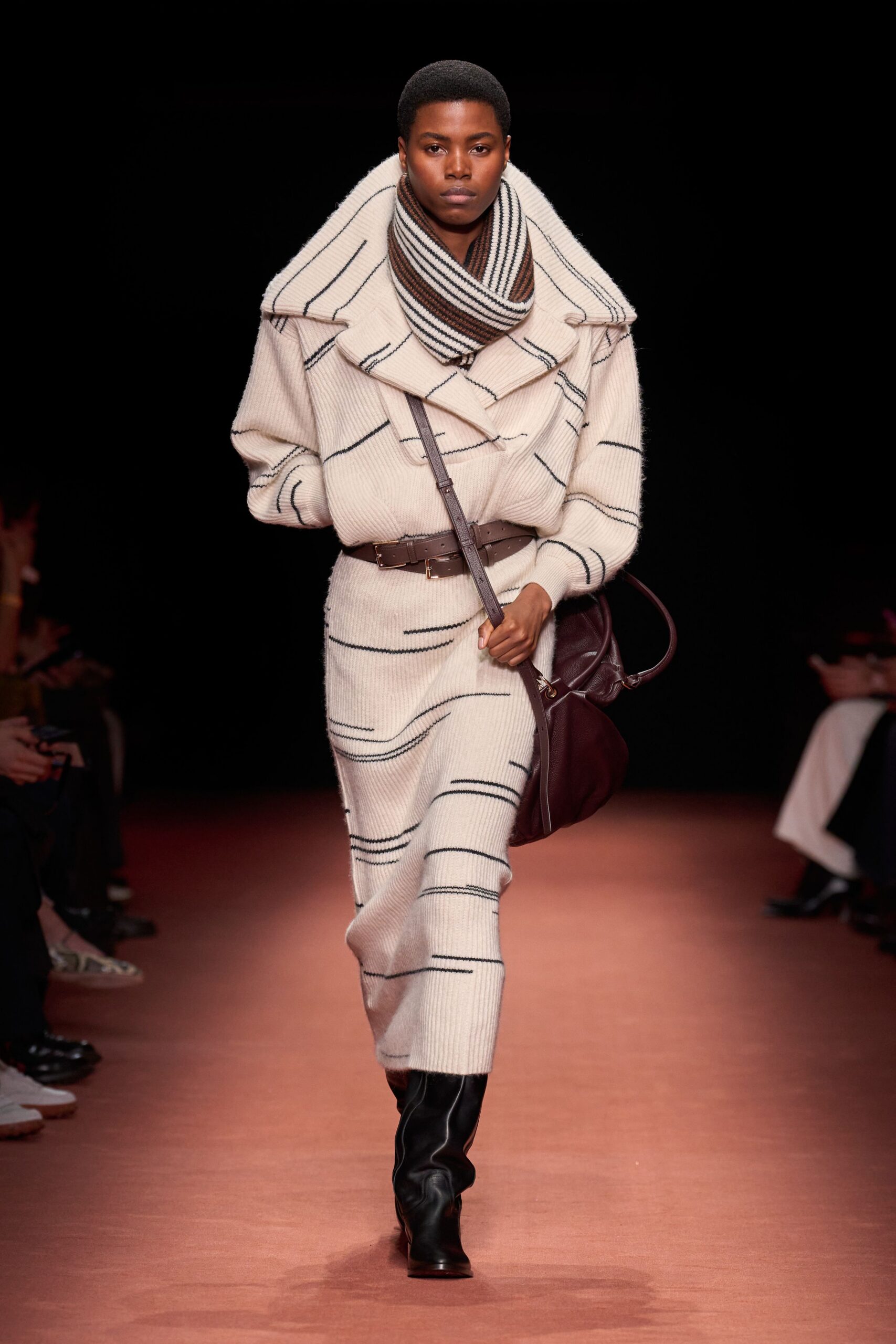 white wool long-sleeve collared fitted striped belted dress