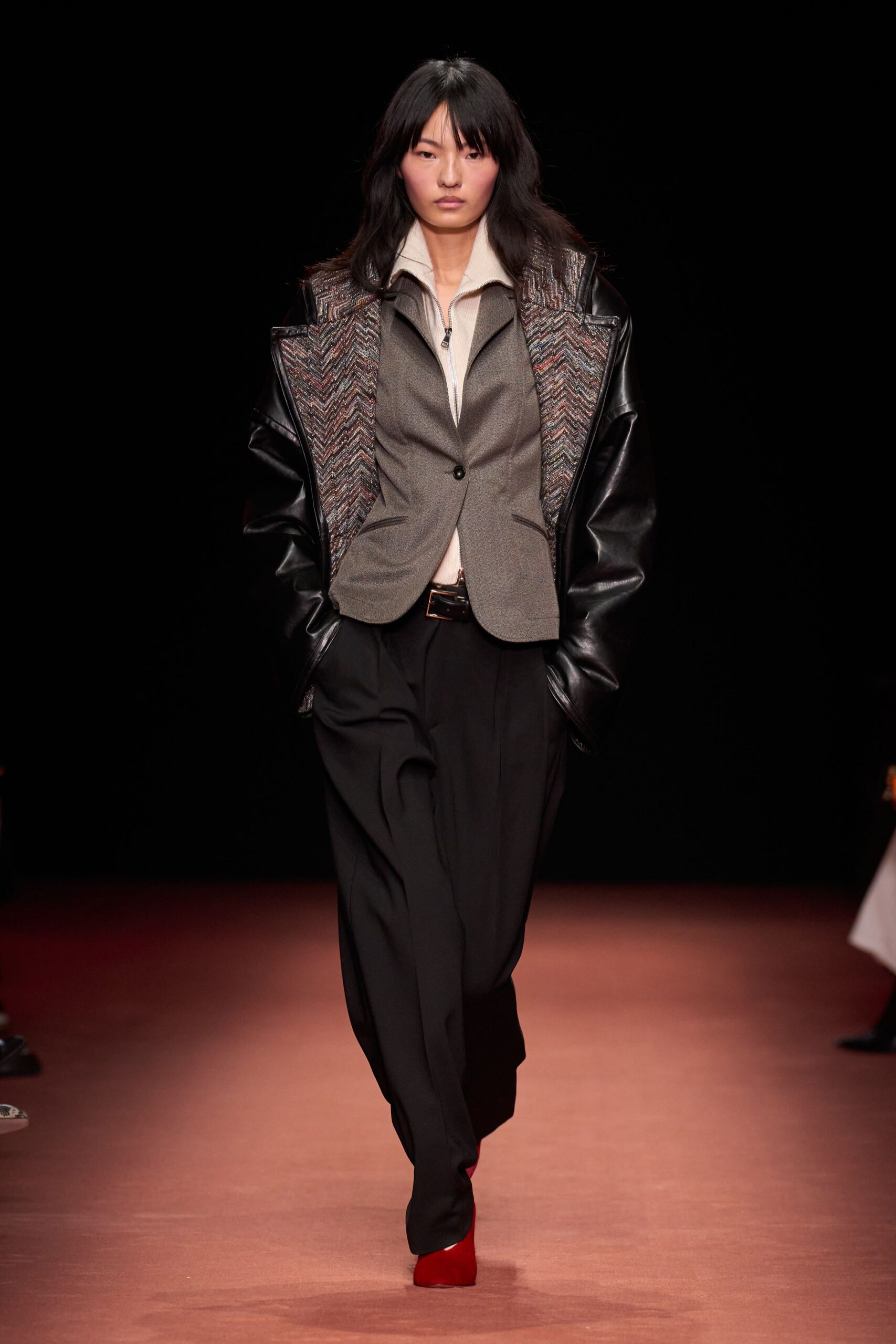 black leather long-sleeve oversized layered jacket
