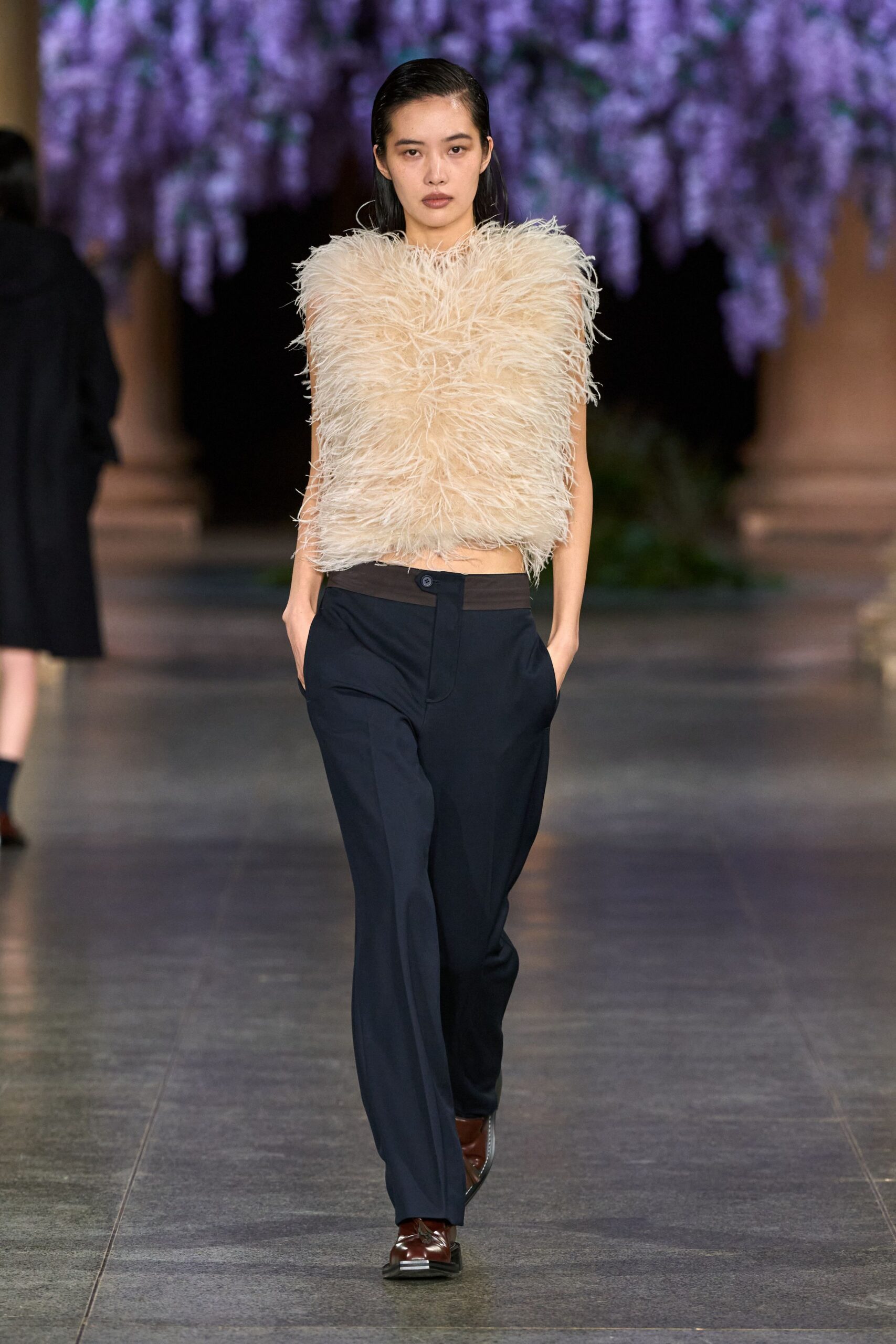 beige fur sleeveless fitted fringed top