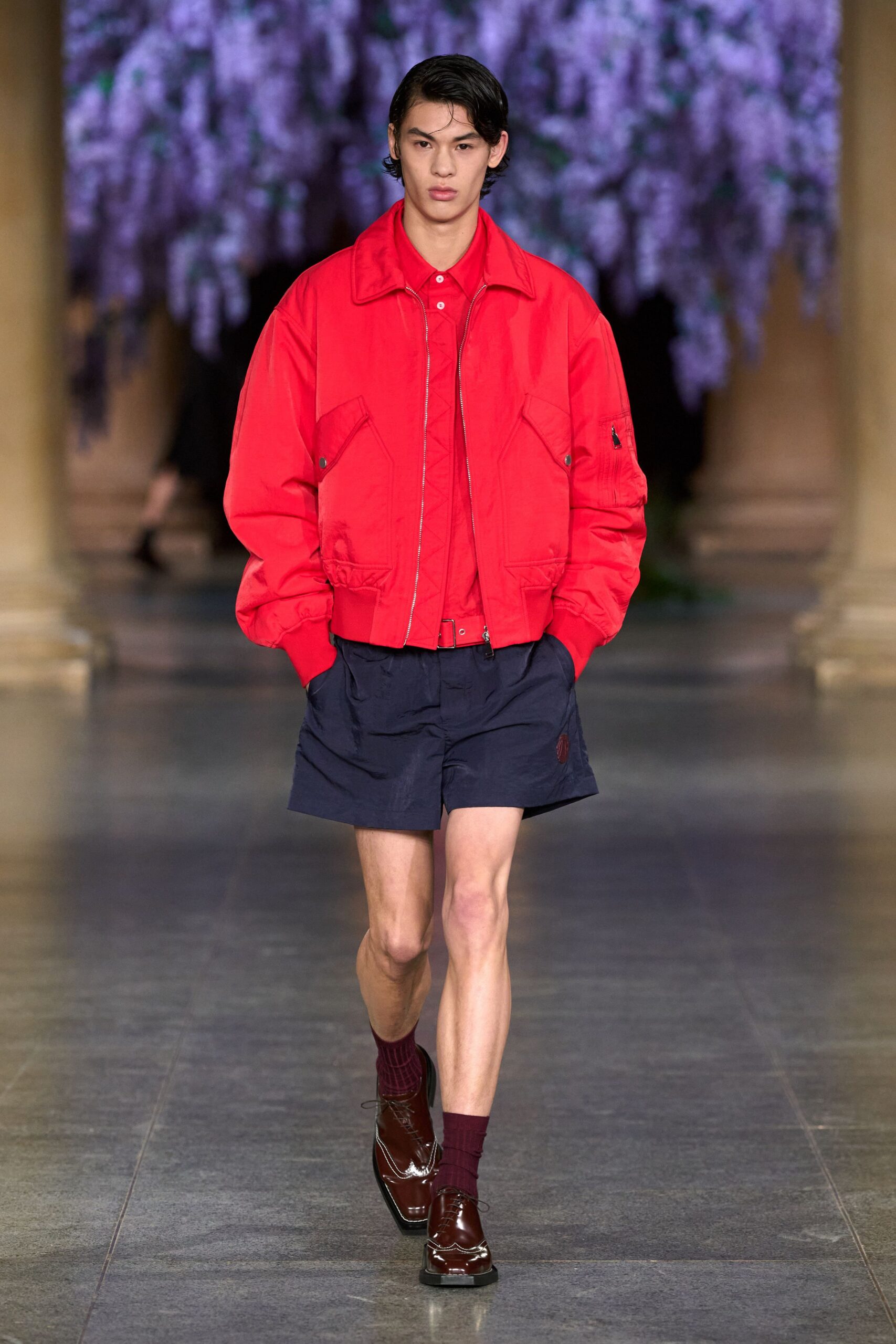 red cotton long-sleeve collared relaxed jacket