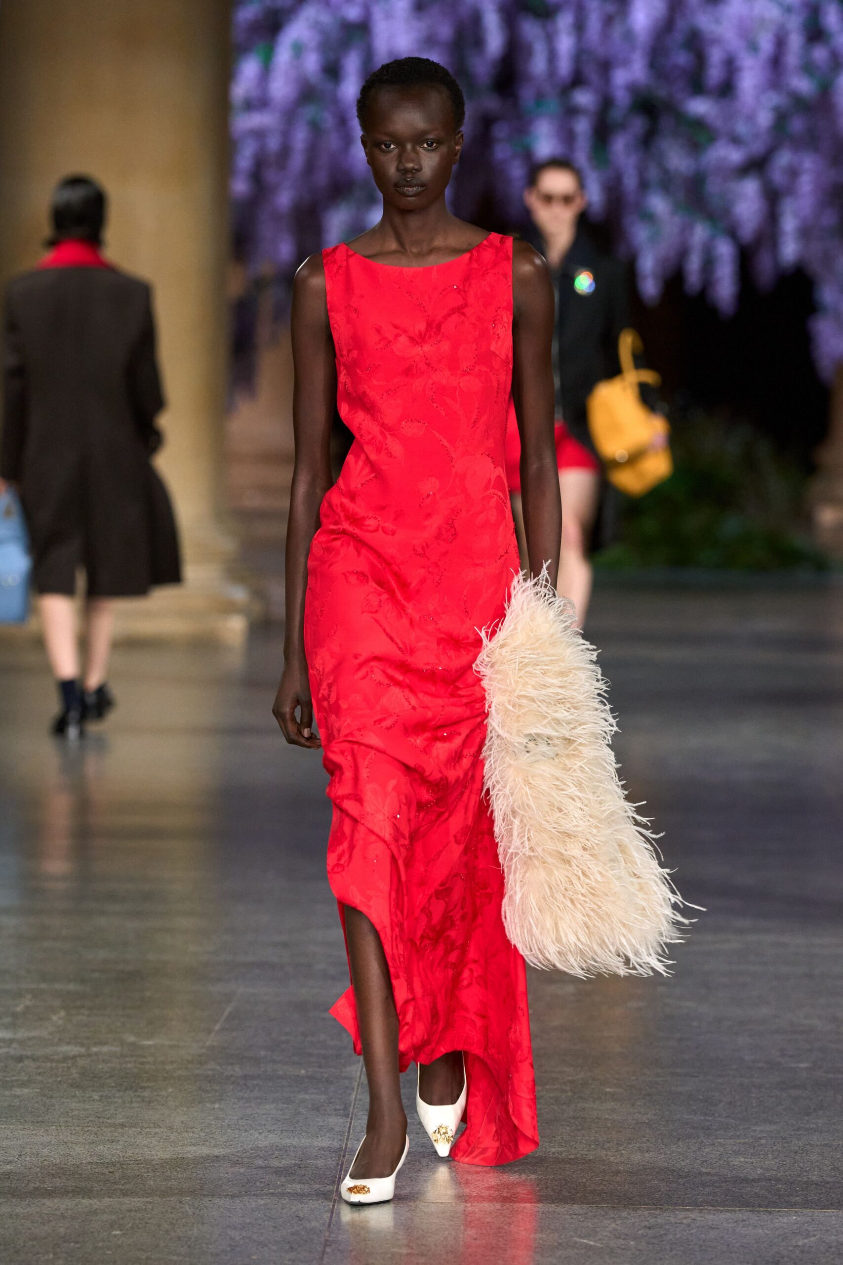 red silk sleeveless v-neck fitted draped maxi gown