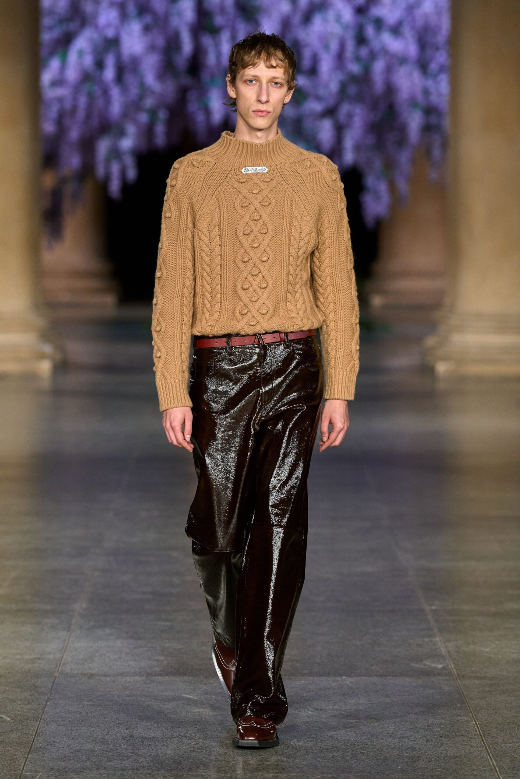 brown leather slim straight-leg pants