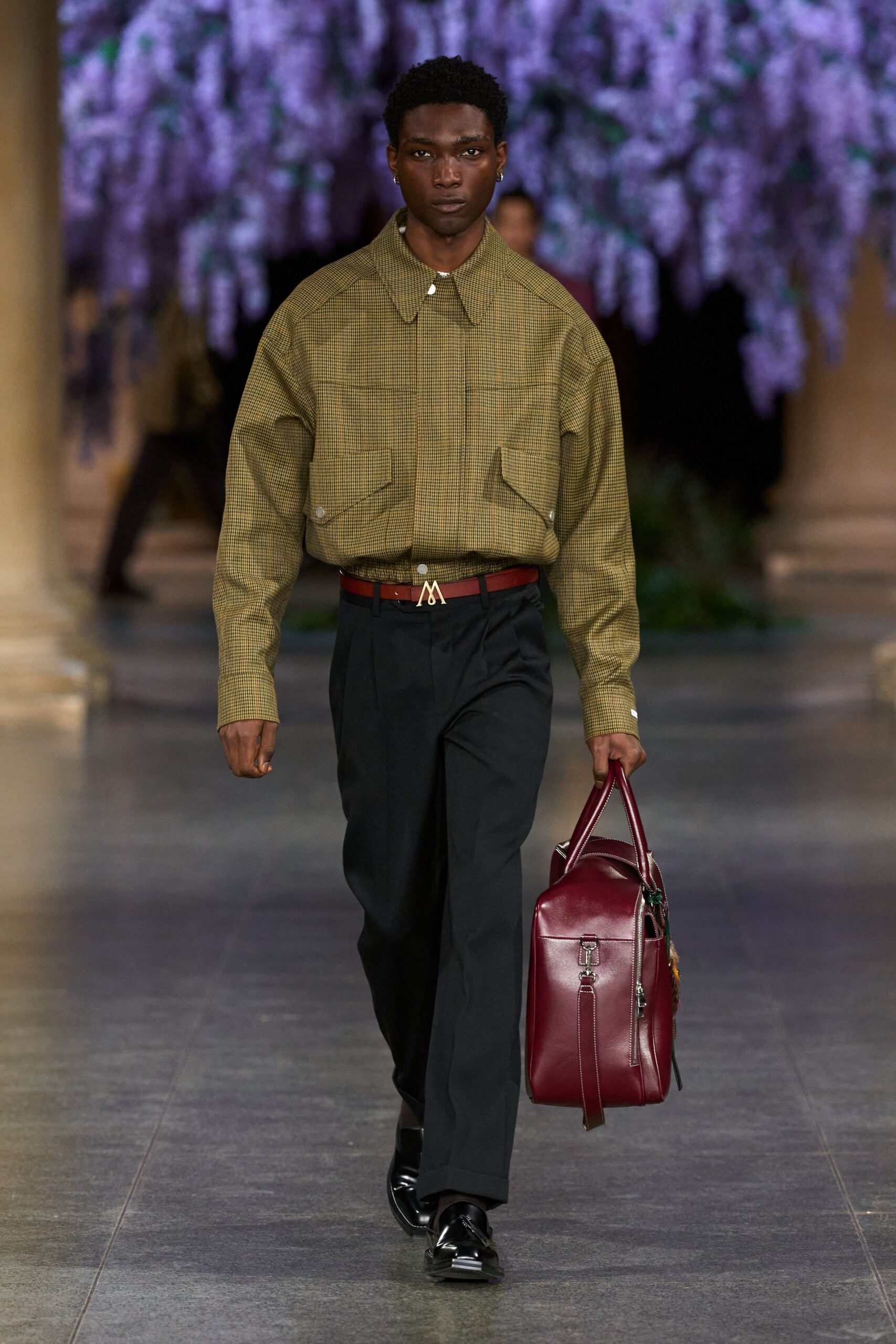 relaxed green checked shirt with tailored black pants