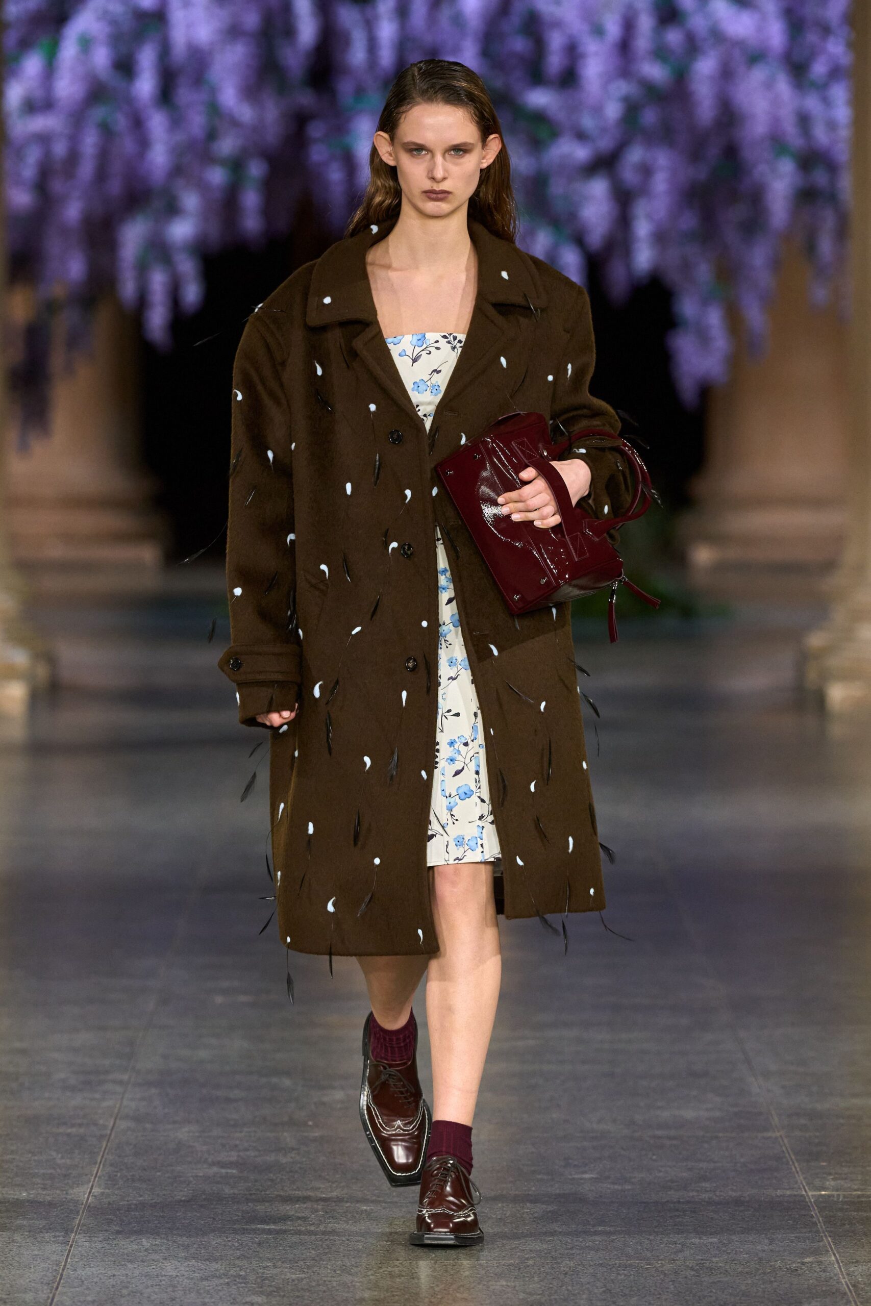 brown wool coat over floral dress