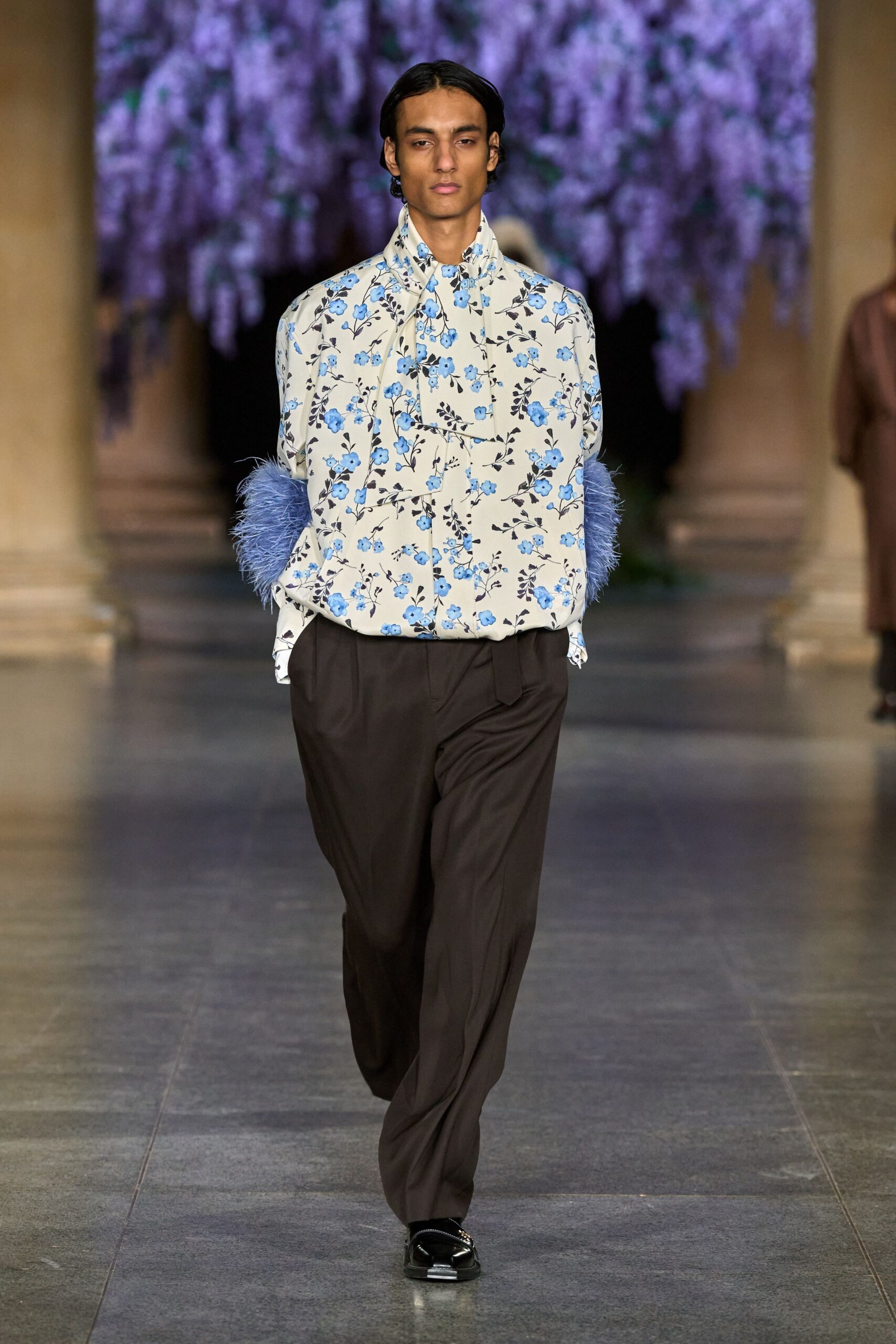 white cotton long-sleeve collared relaxed floral ruffled shirt