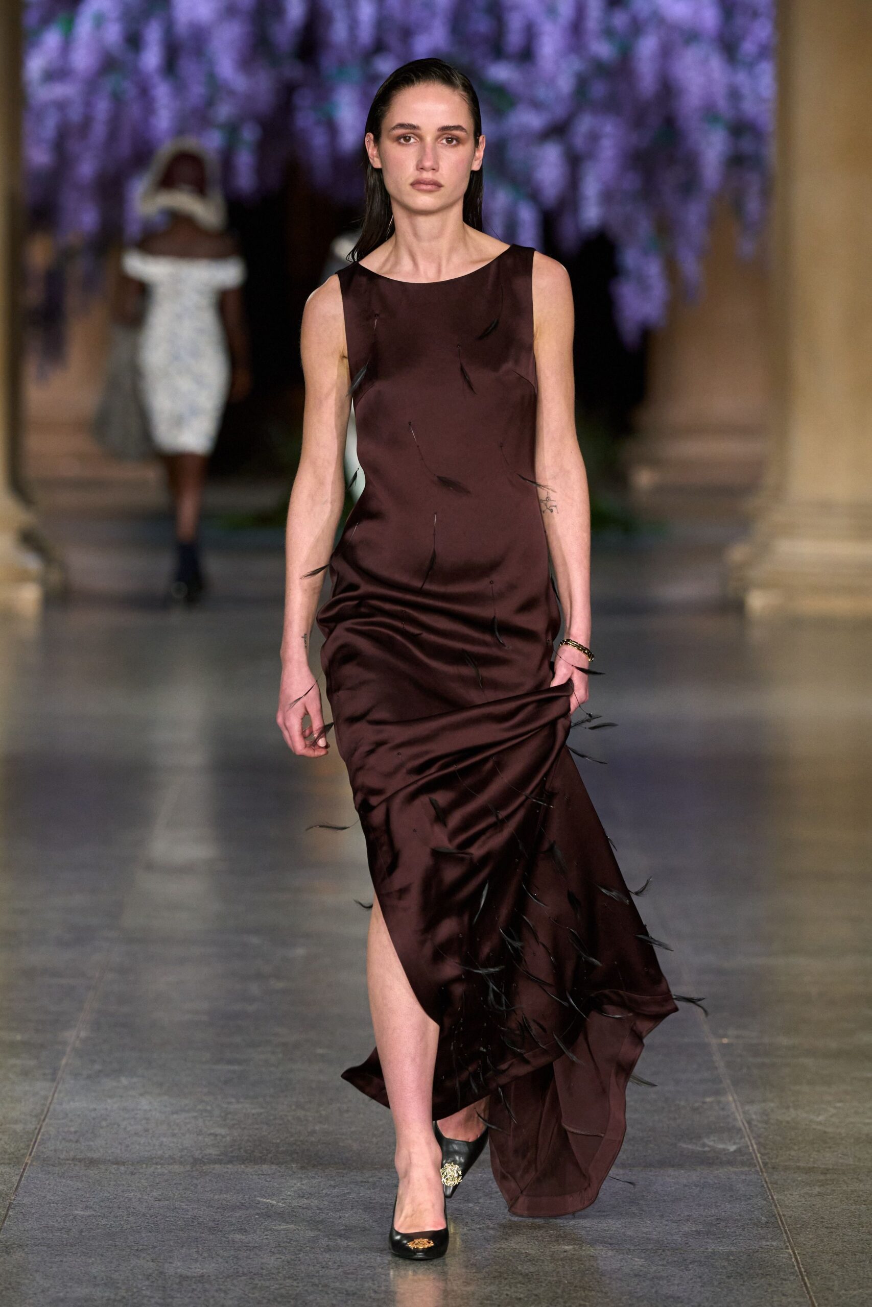 brown silk sleeveless v-neck fitted draped maxi gown