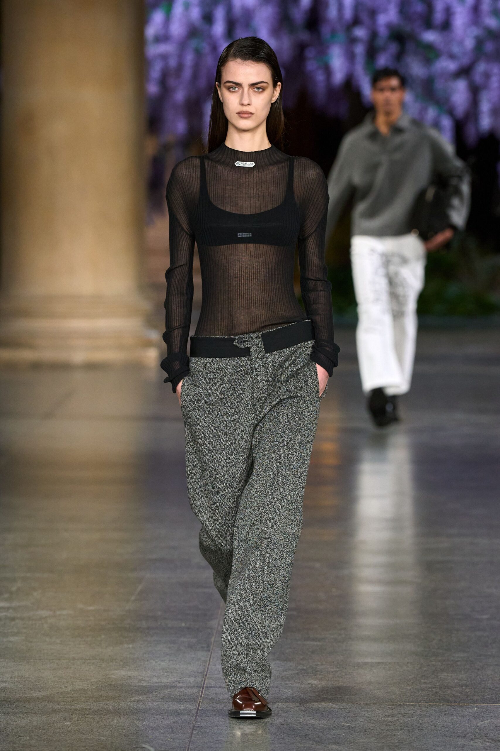 black mesh long-sleeve v-neck fitted sheer top