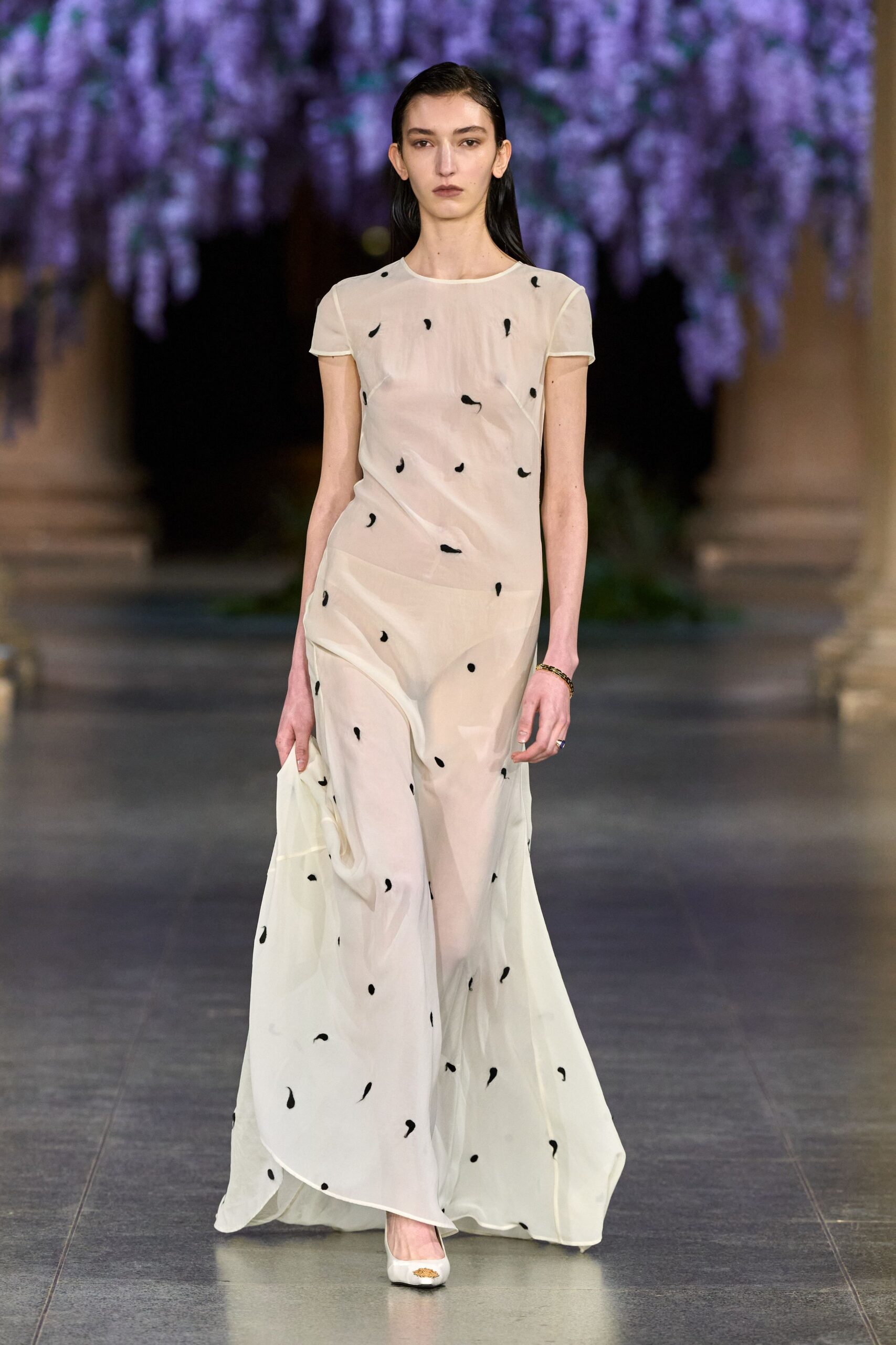 white chiffon sleeveless v-neck fitted embroidered sheer gown