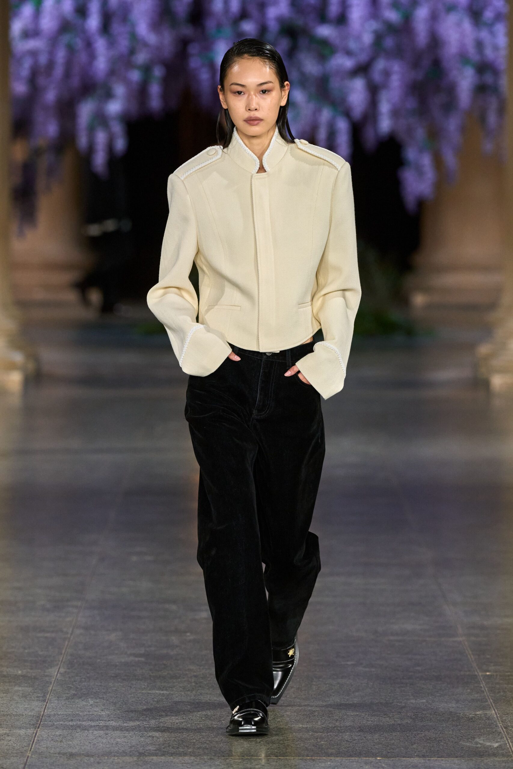 white fitted jacket black pants