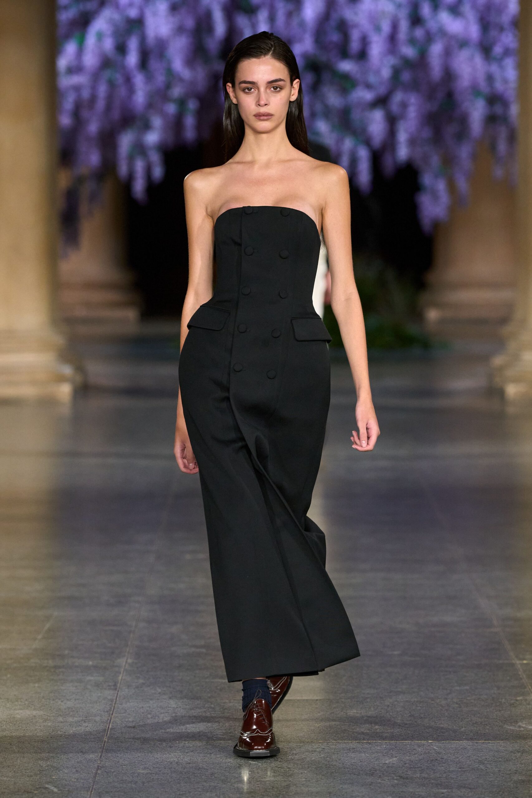 black cotton strapless double-breasted fitted maxi gown