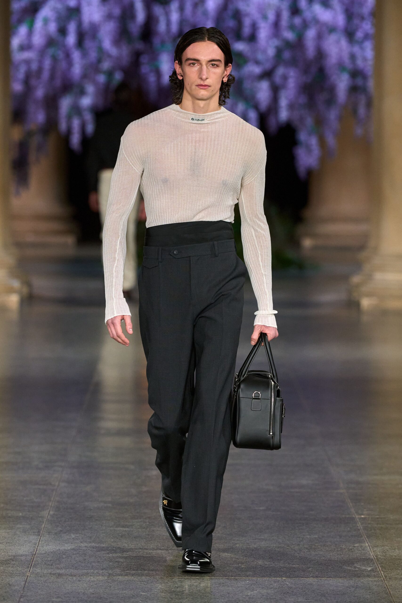 black wool tailored high-waisted straight-leg pants