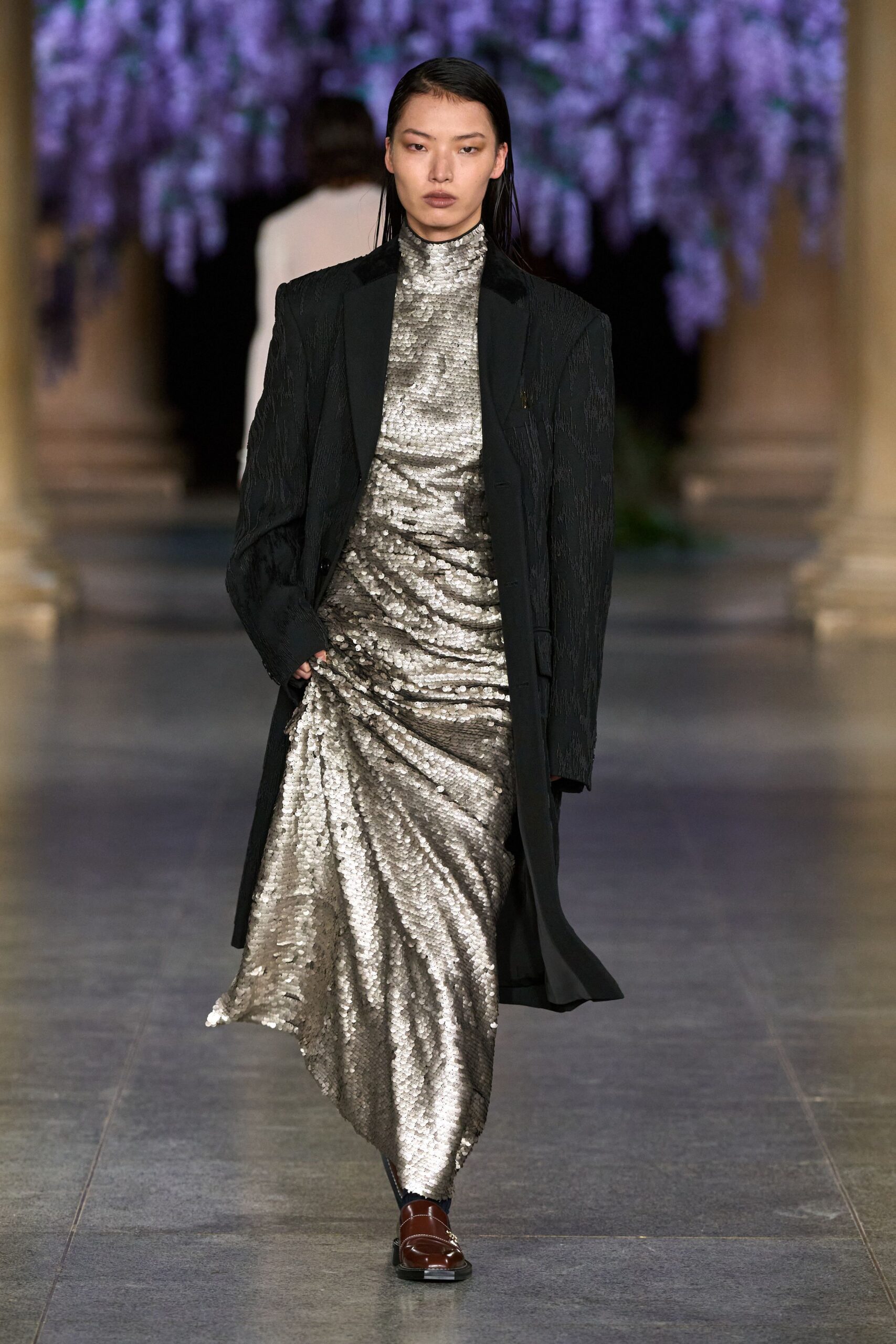 gray silk long-sleeve high-neck fitted sequined draped gown