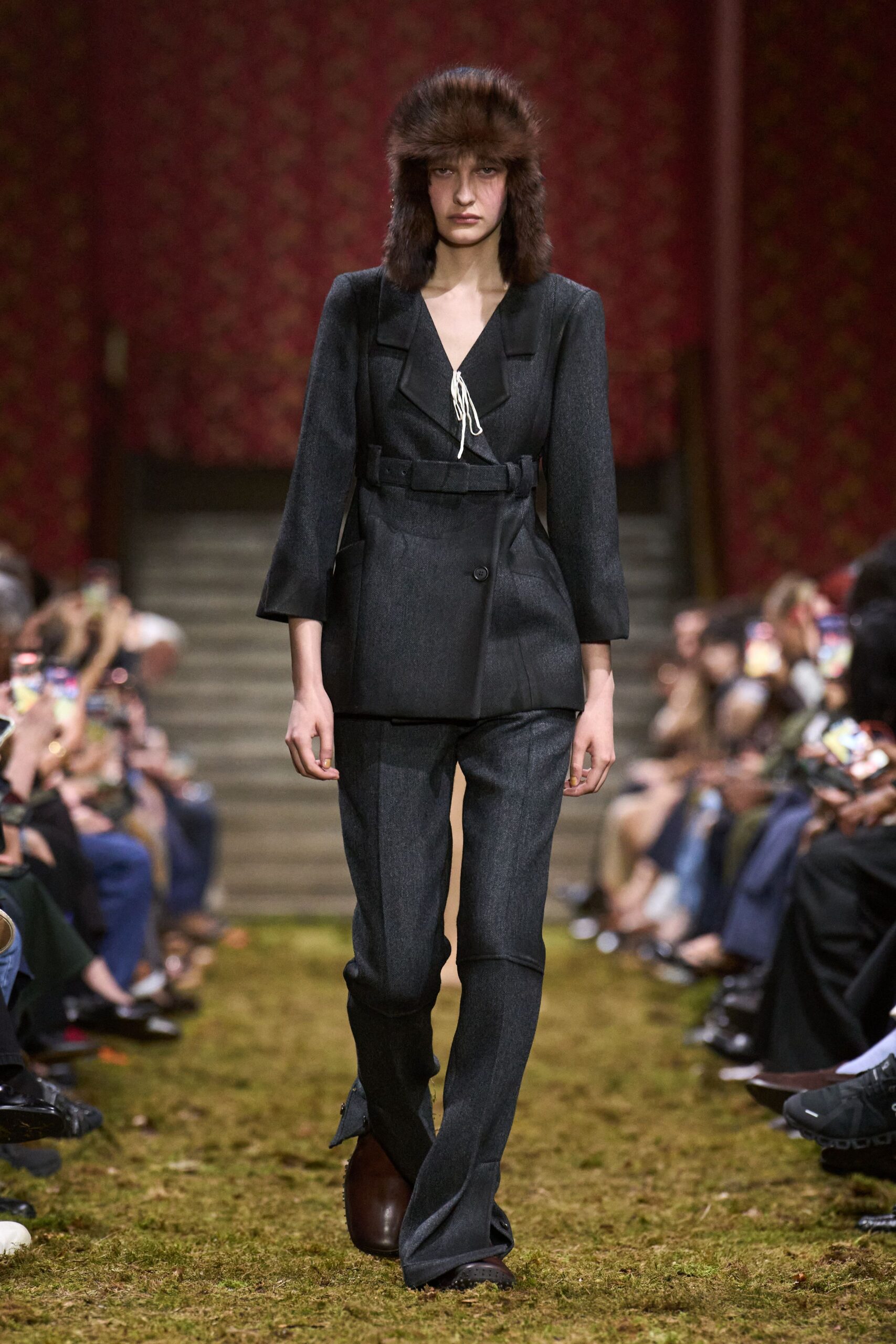 gray wool tailored straight-leg pants