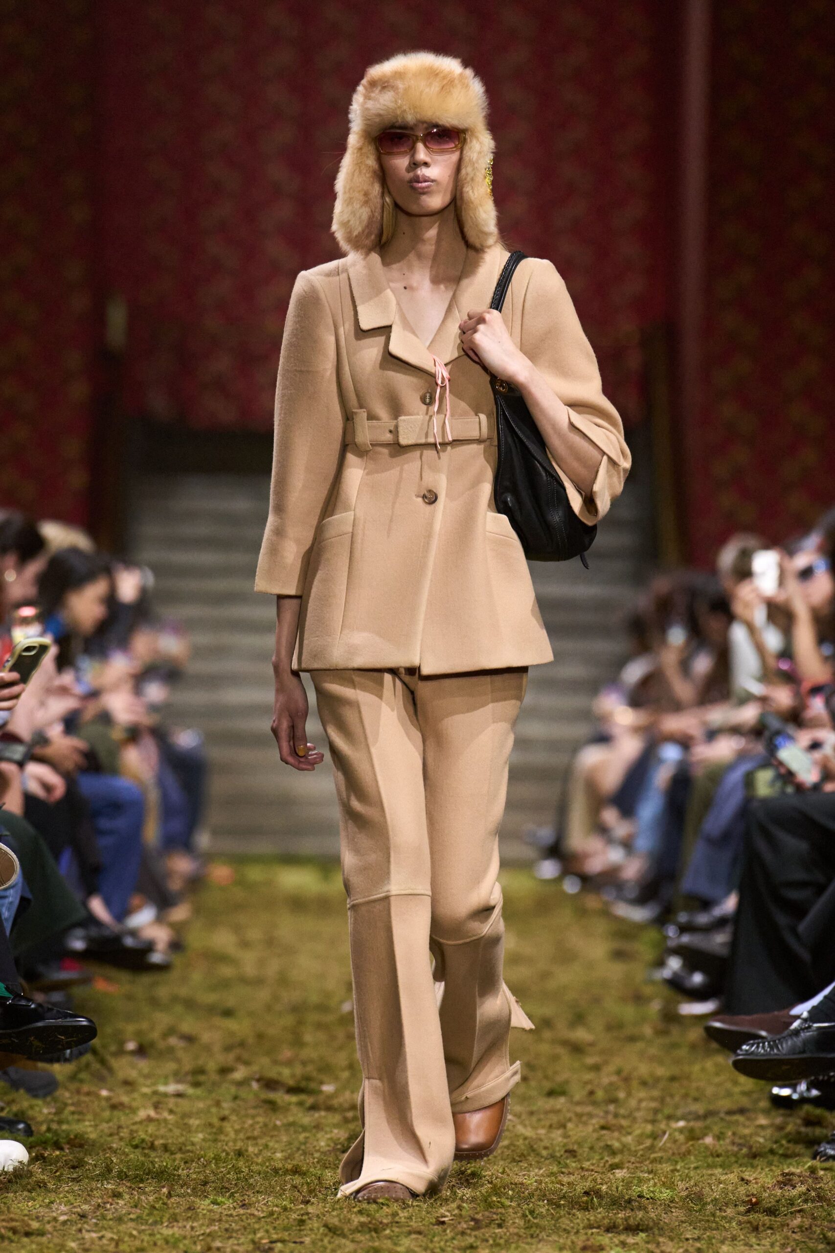 beige wool fitted straight-leg pants