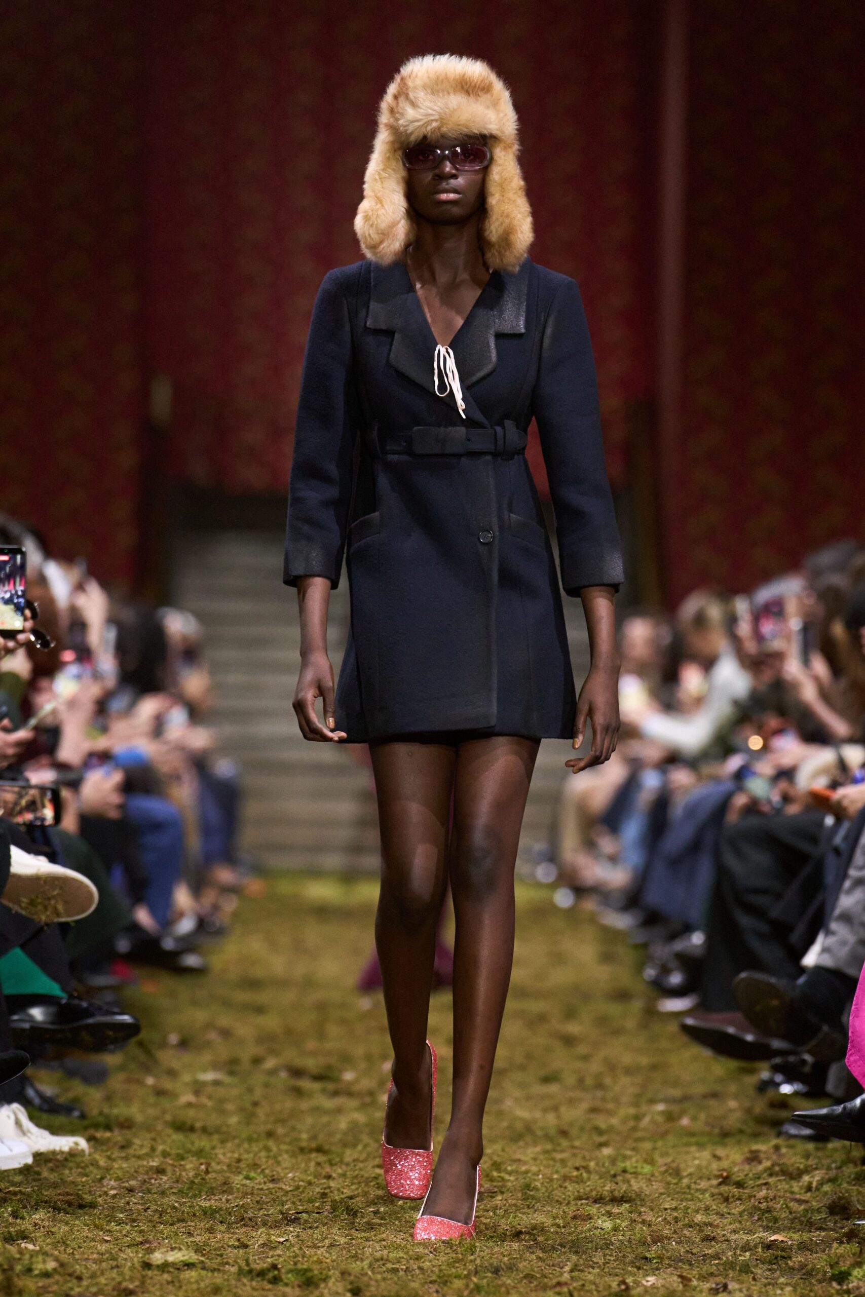 black wool long-sleeve collared fitted zippered mini dress