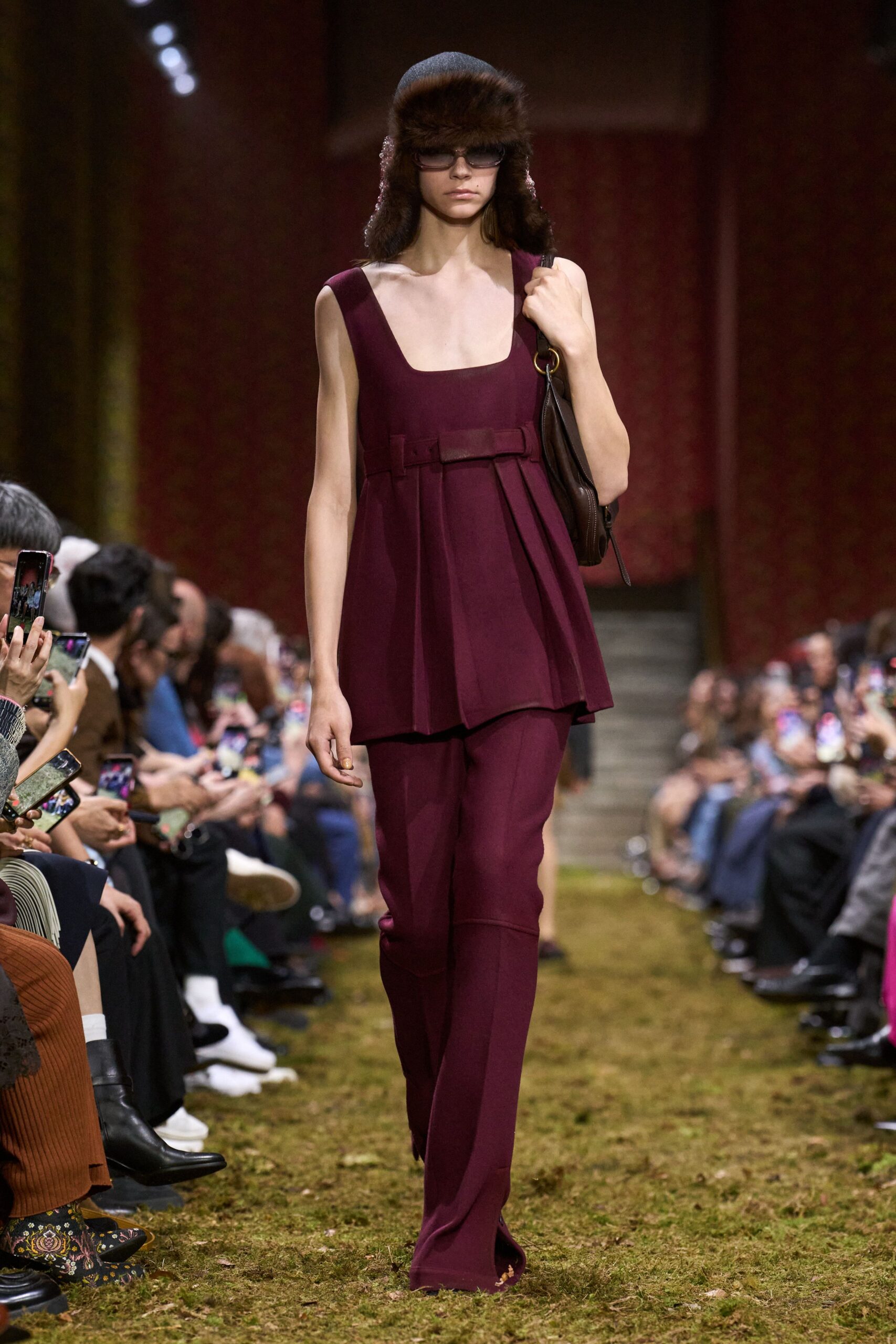 maroon fitted straight-leg pants