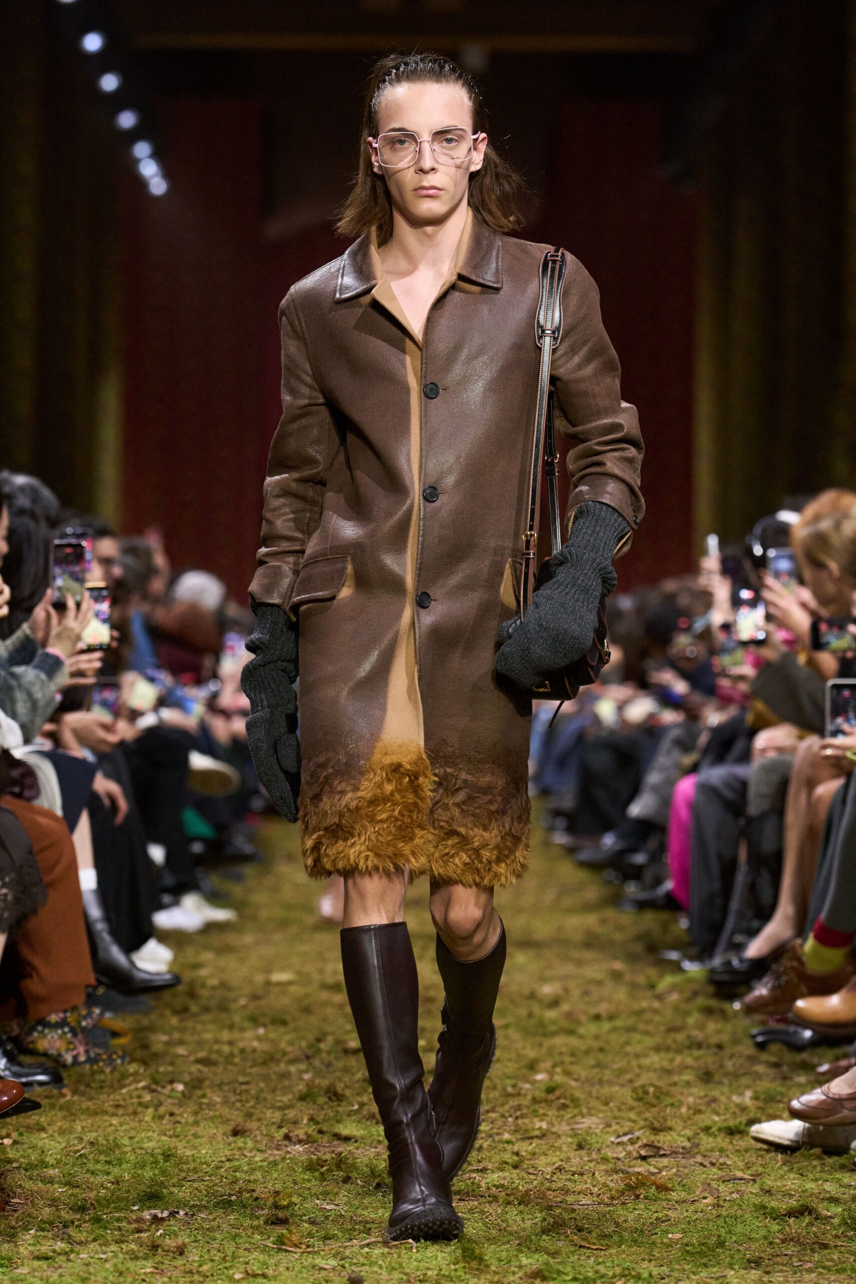 brown leather long-sleeve collared fitted pleated midi coat
