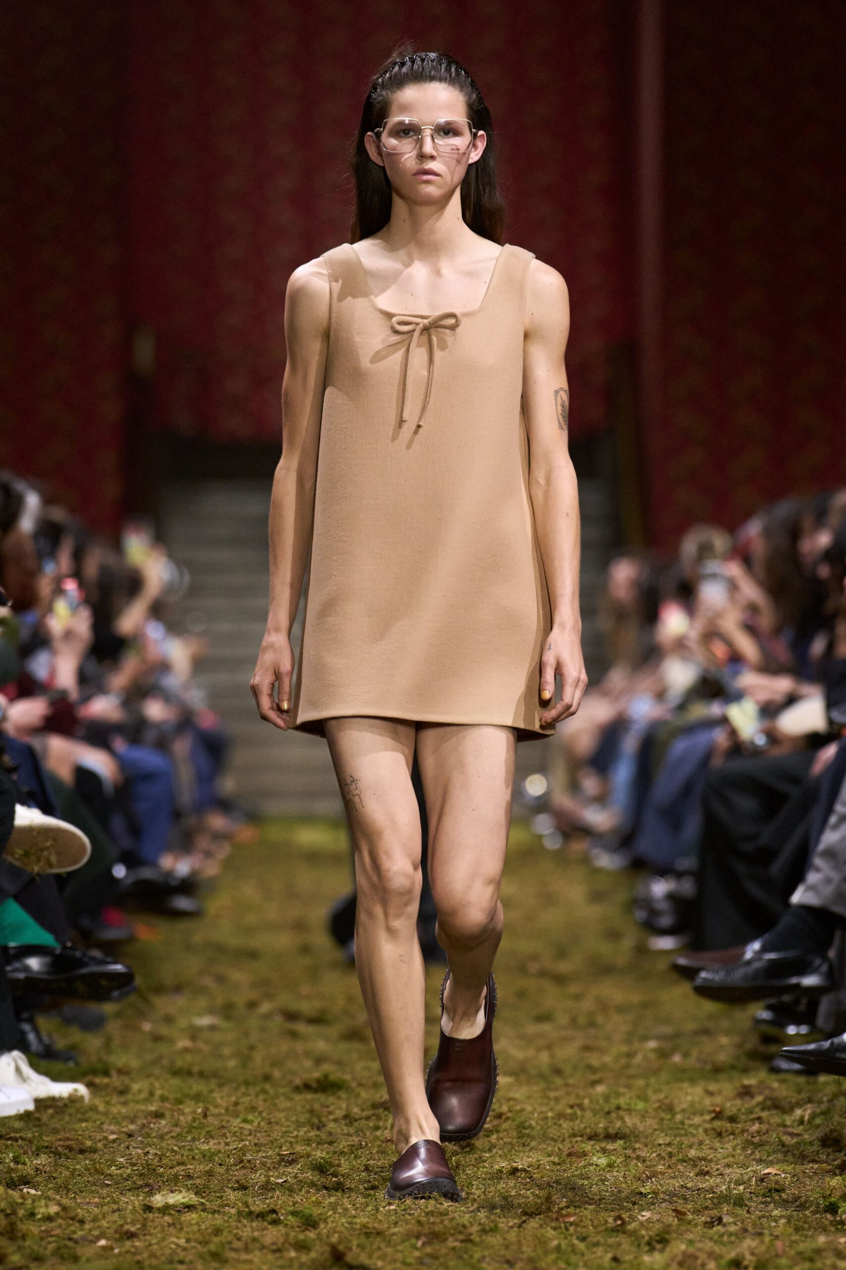 beige cotton sleeveless square-neck relaxed draped mini dress