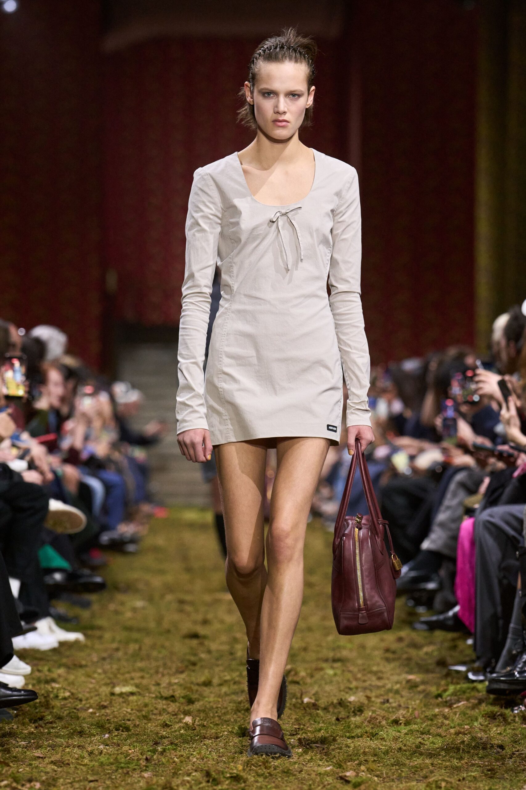 beige cotton long-sleeve v-neck fitted ruched mini mini-dress