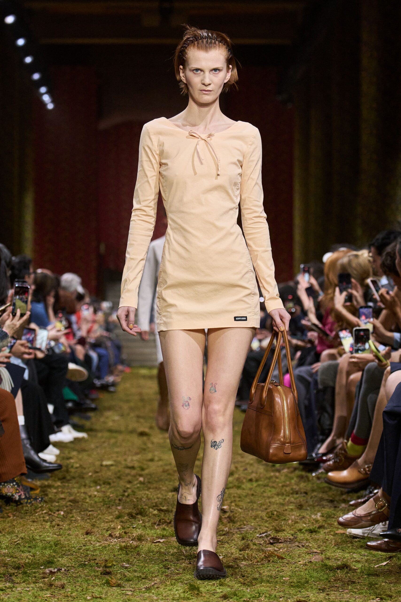 beige cotton long-sleeve scoop-neck fitted pleated mini mini-dress
