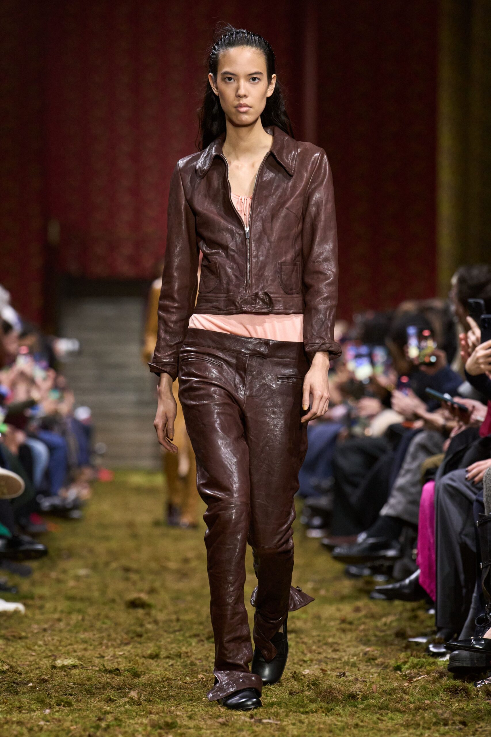 brown leather long-sleeve collared fitted jacket