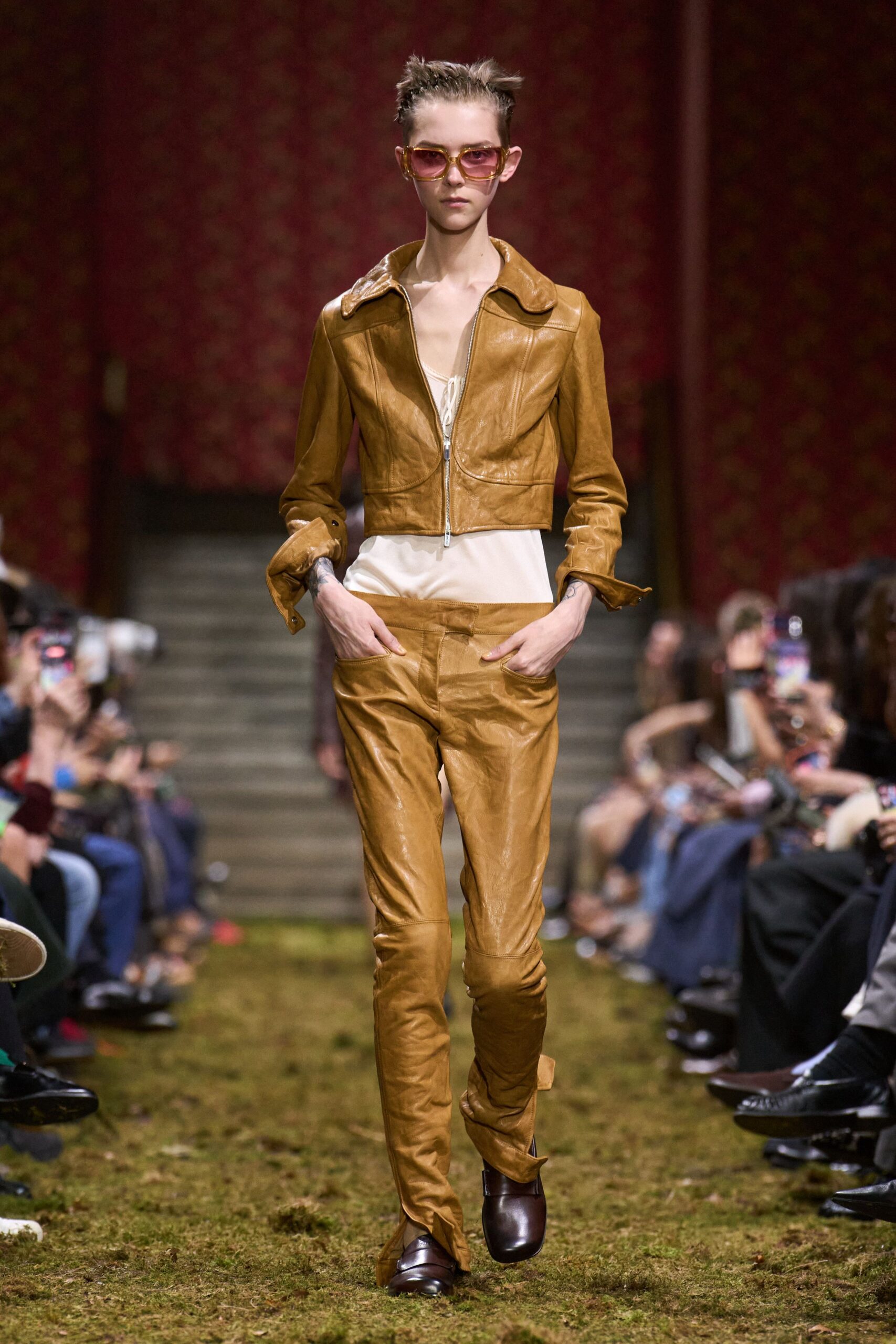brown leather long-sleeve collared fitted cropped jacket