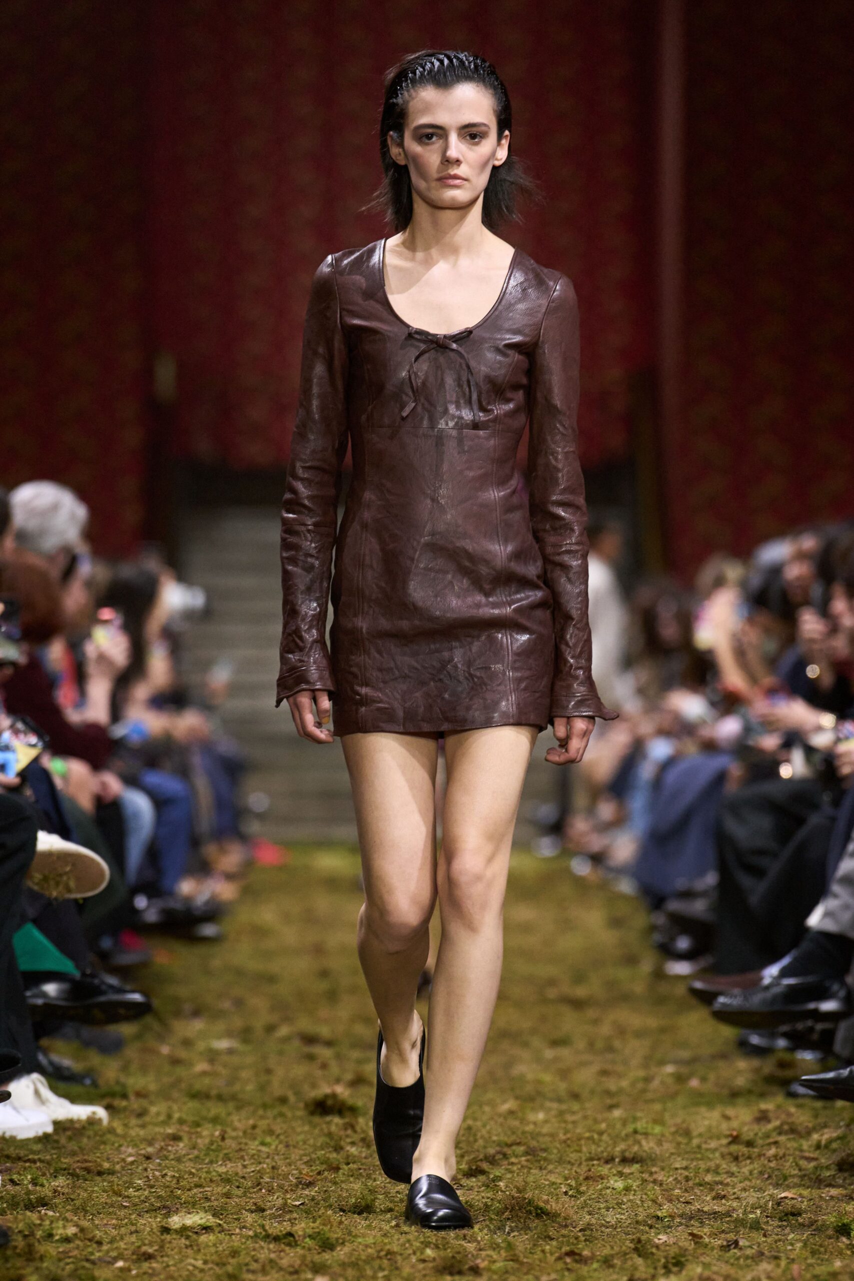 brown leather long-sleeve scoop-neck fitted mini mini-dress