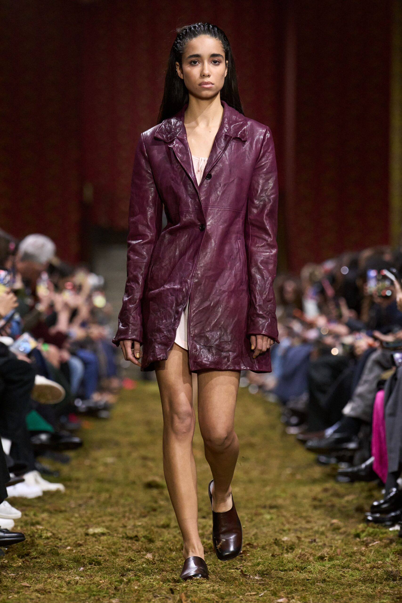 purple leather long-sleeve collared fitted buttoned jacket