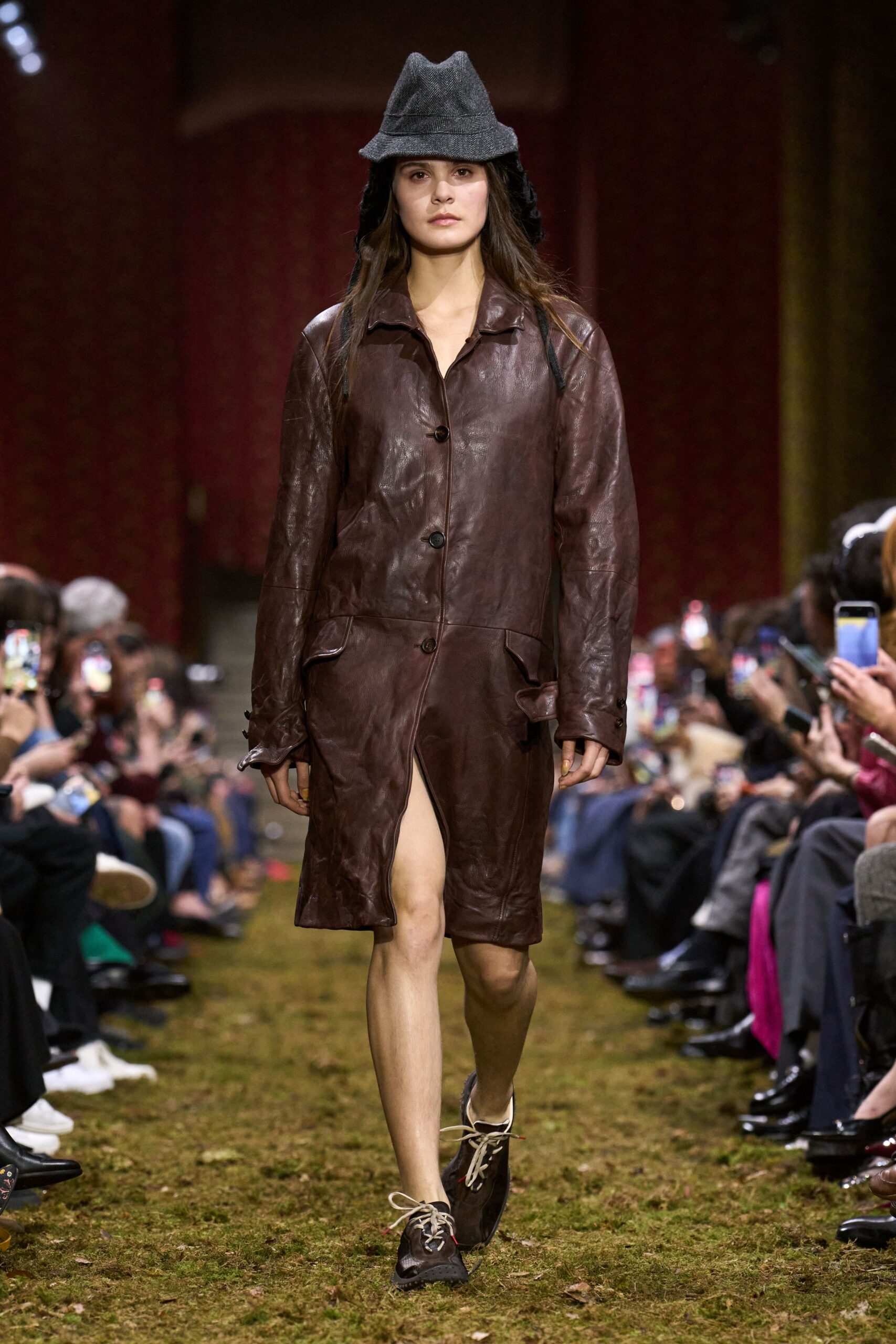 brown leather long-sleeve collared fitted midi coat