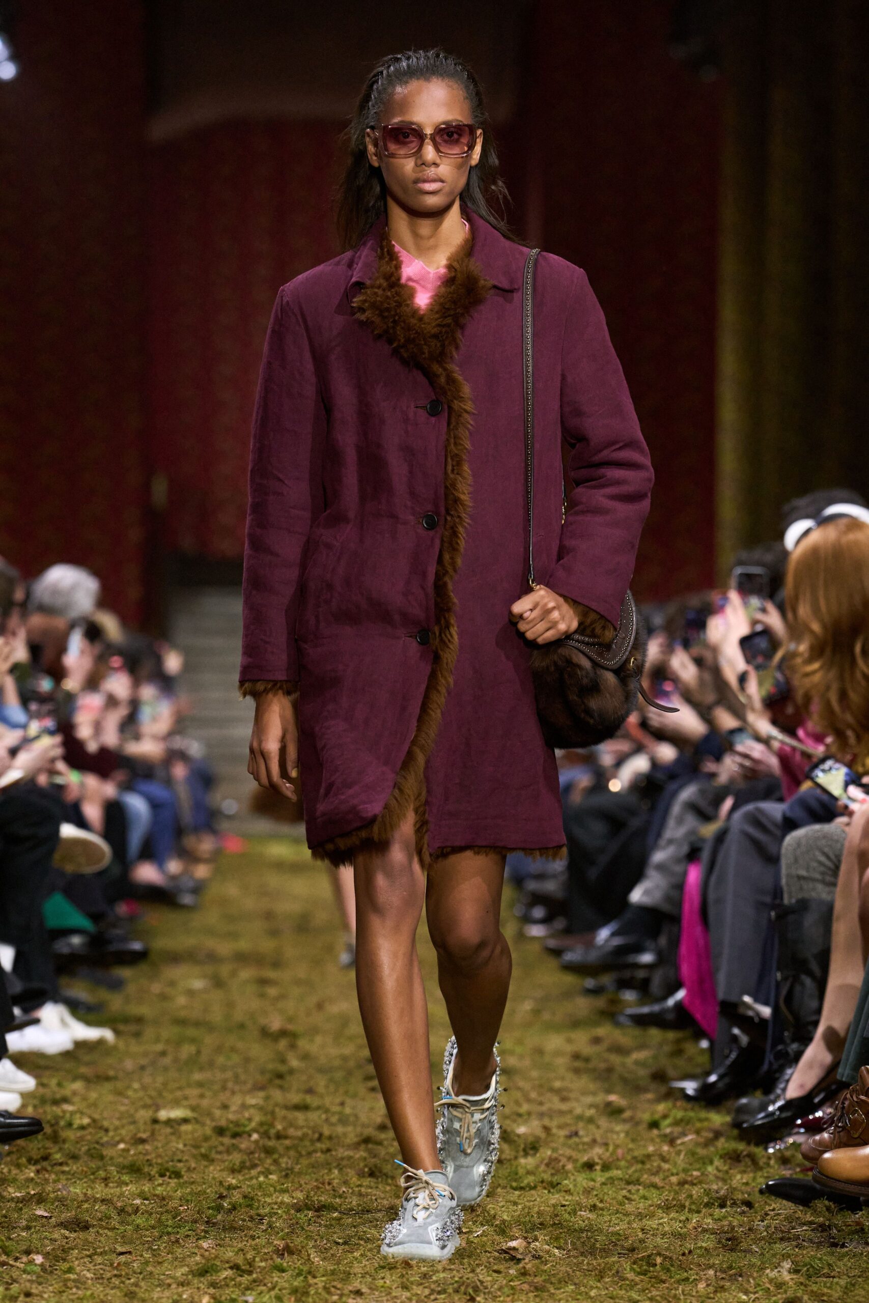 purple cotton long-sleeve collared relaxed fringed coat