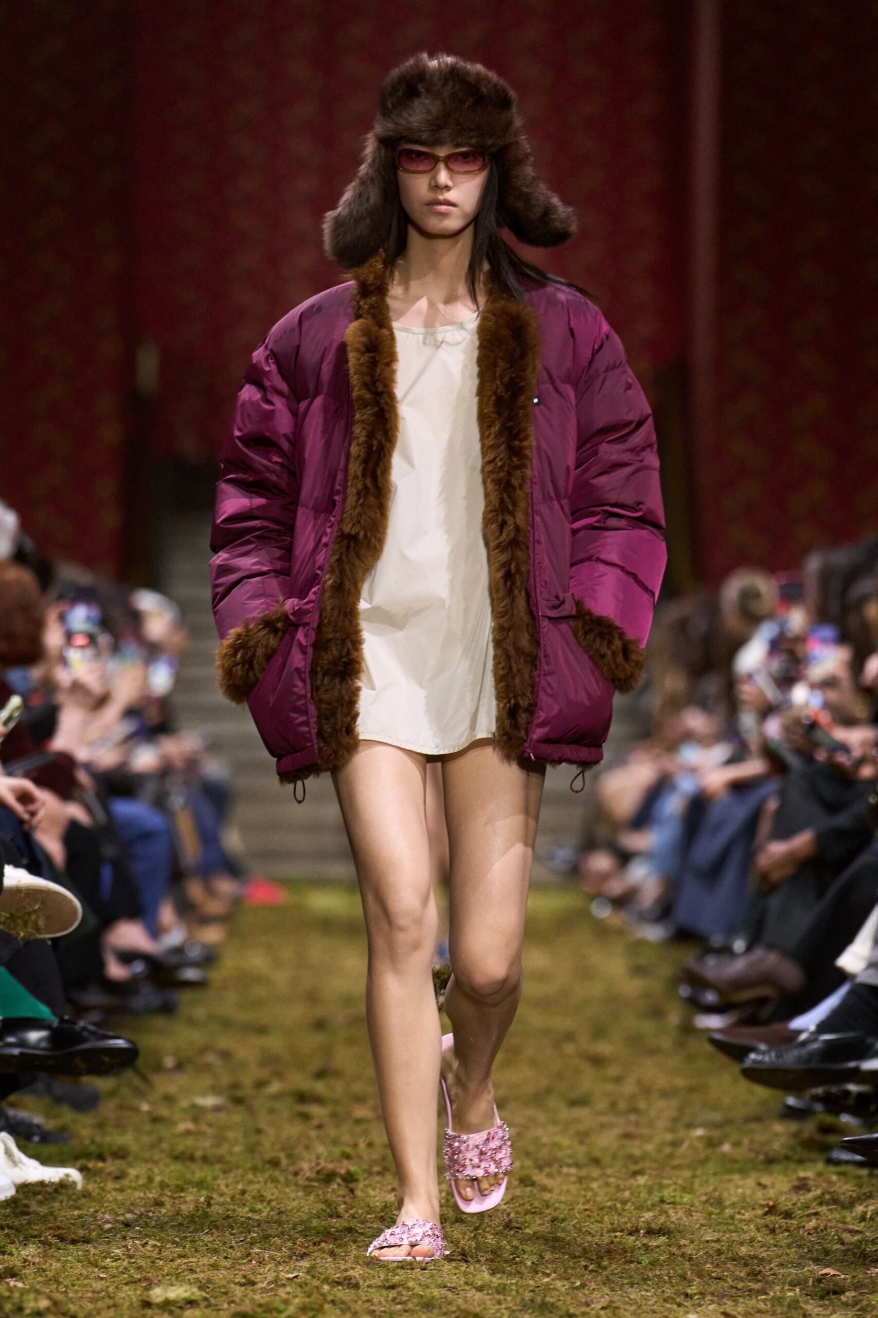 purple jersey long-sleeve hooded relaxed padded coat