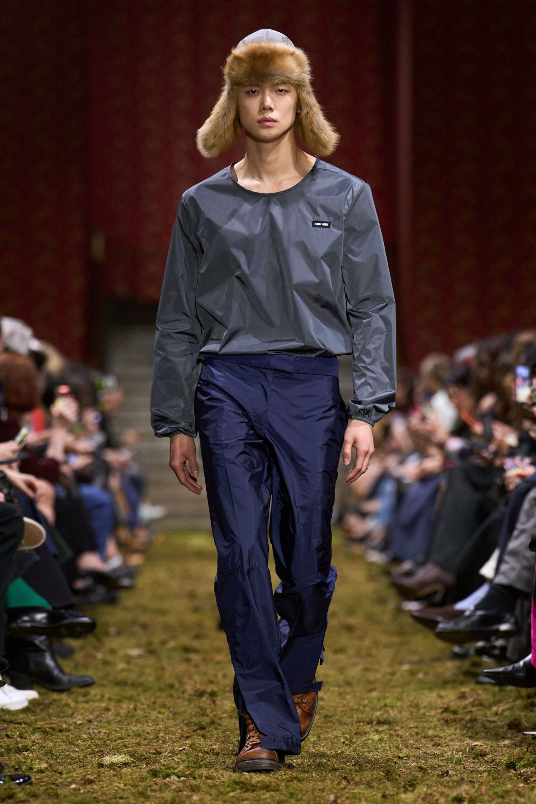 gray vinyl long-sleeve collared relaxed top
